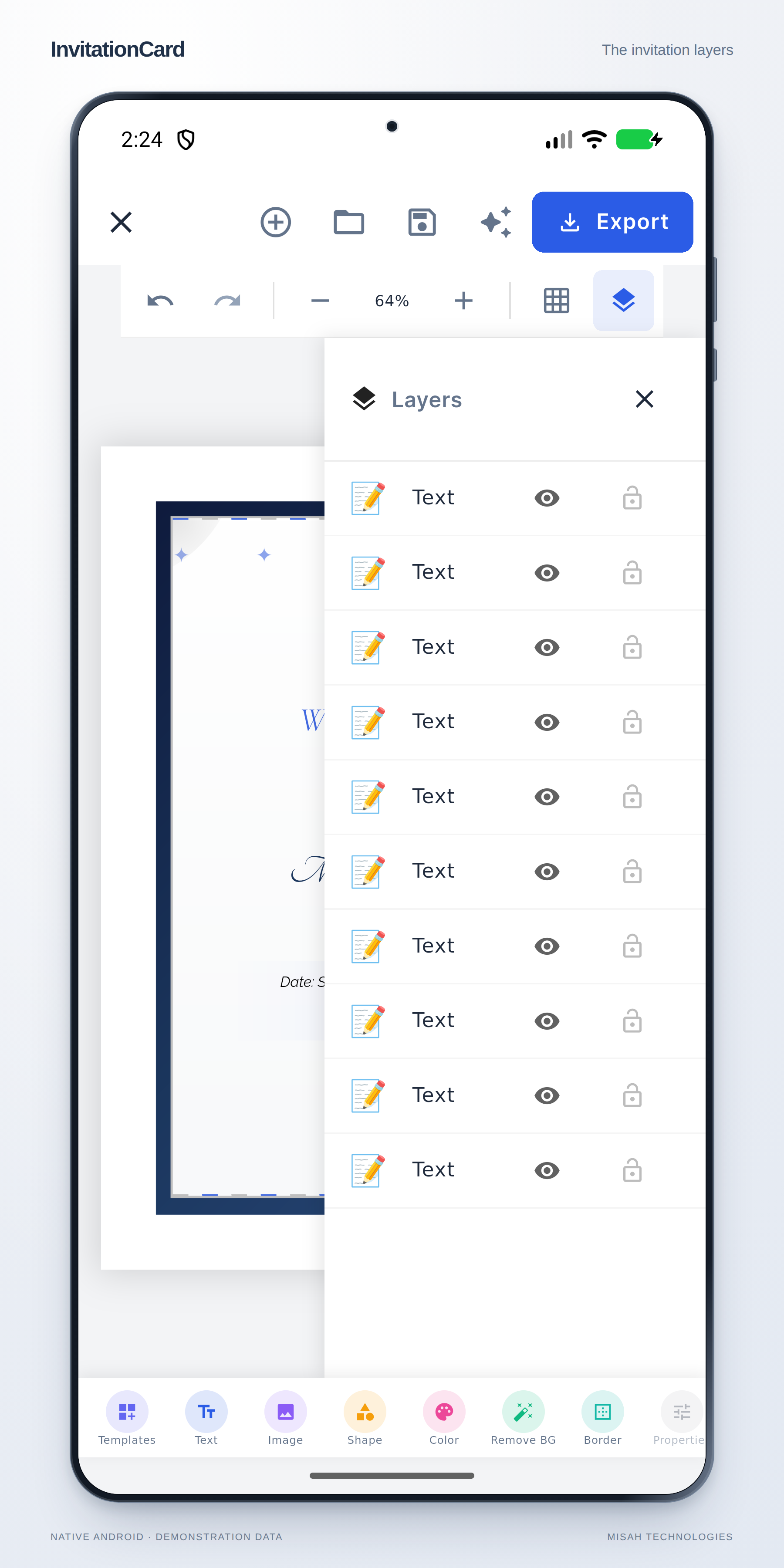 InvitationCard native editor layer panel showing the Sapphire invitation elements.