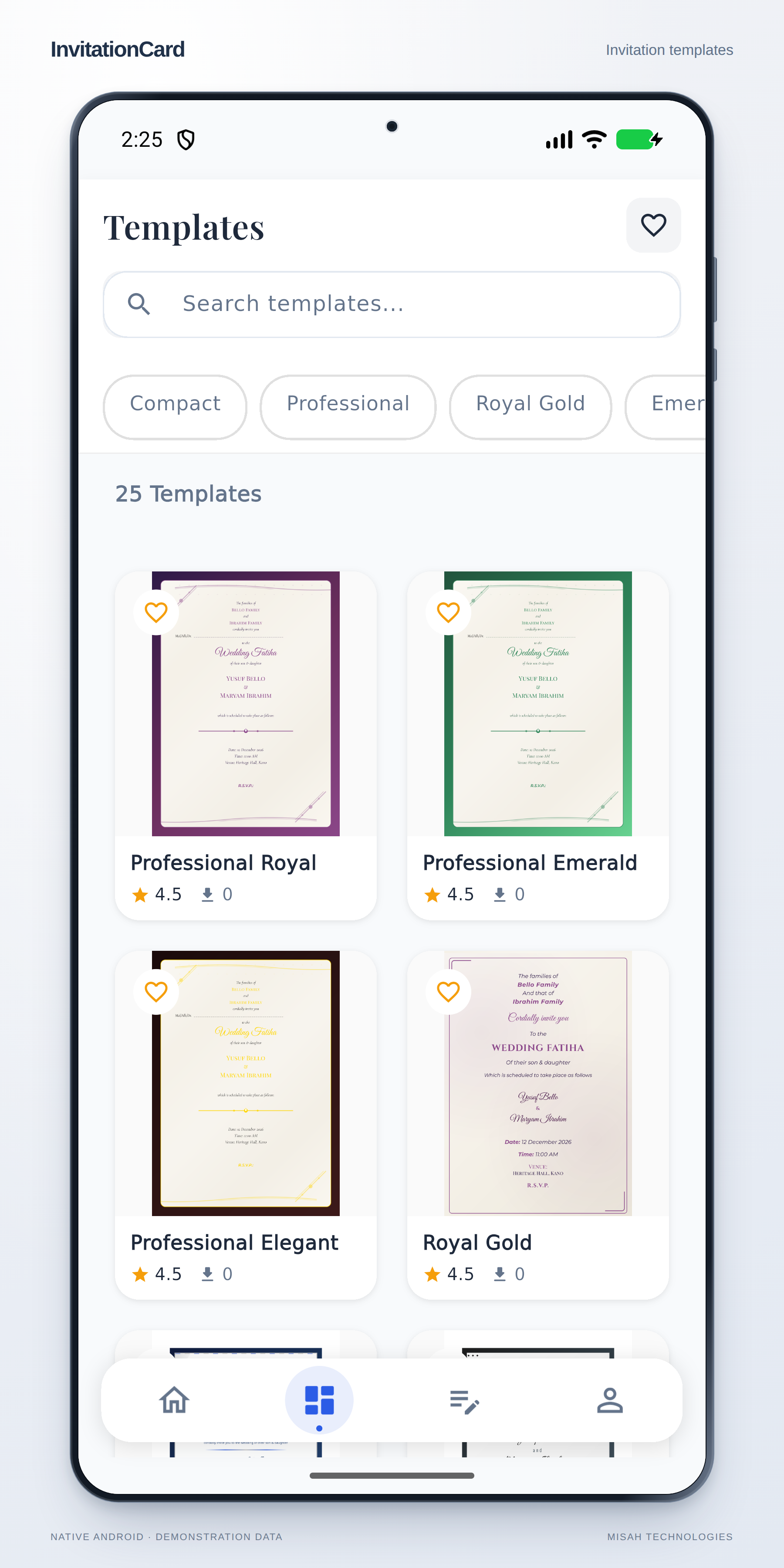 InvitationCard template gallery displaying wedding invitation designs.