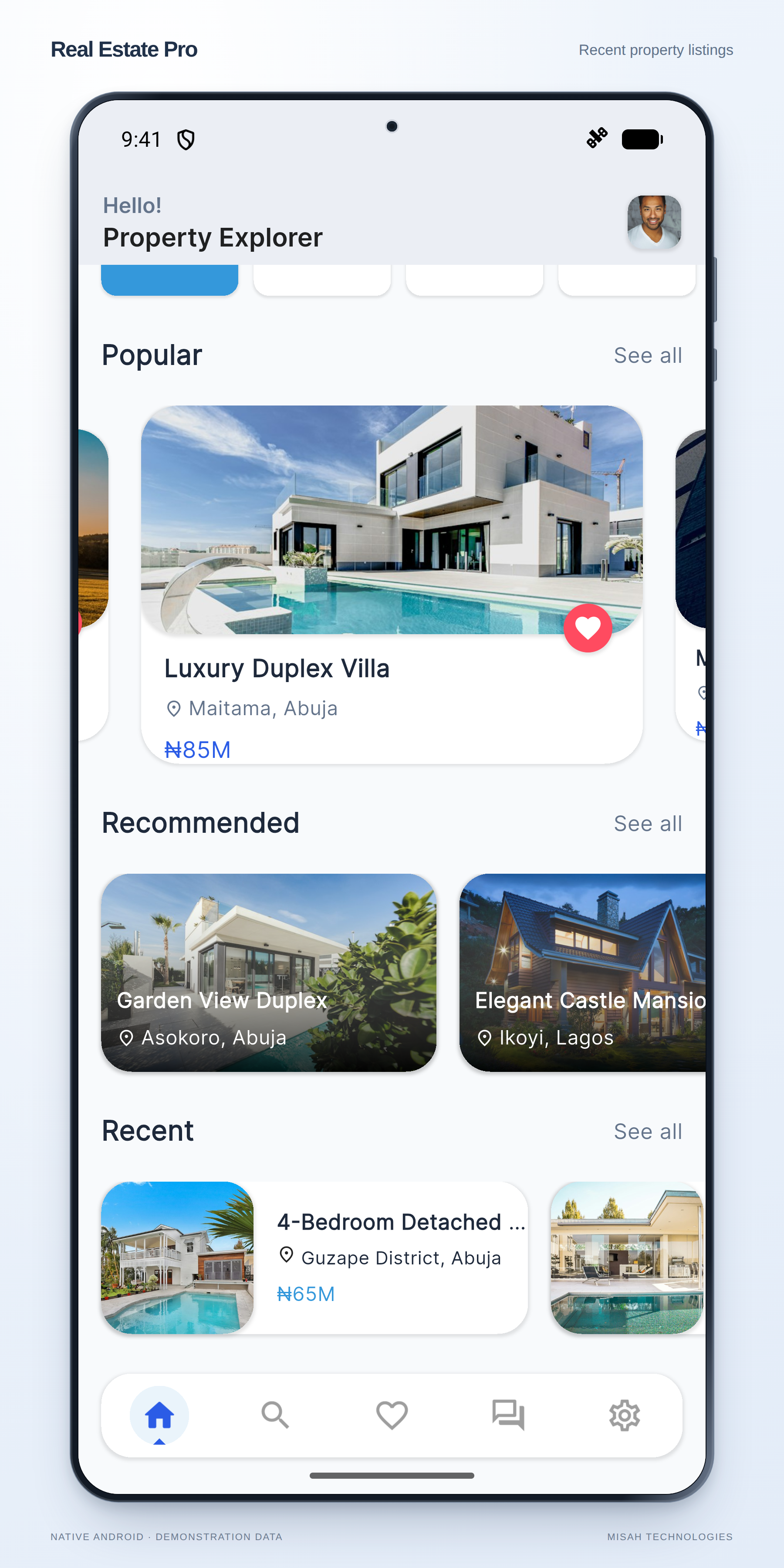 Real Estate Pro native Android home continuation showing recommended and recent sample property cards.