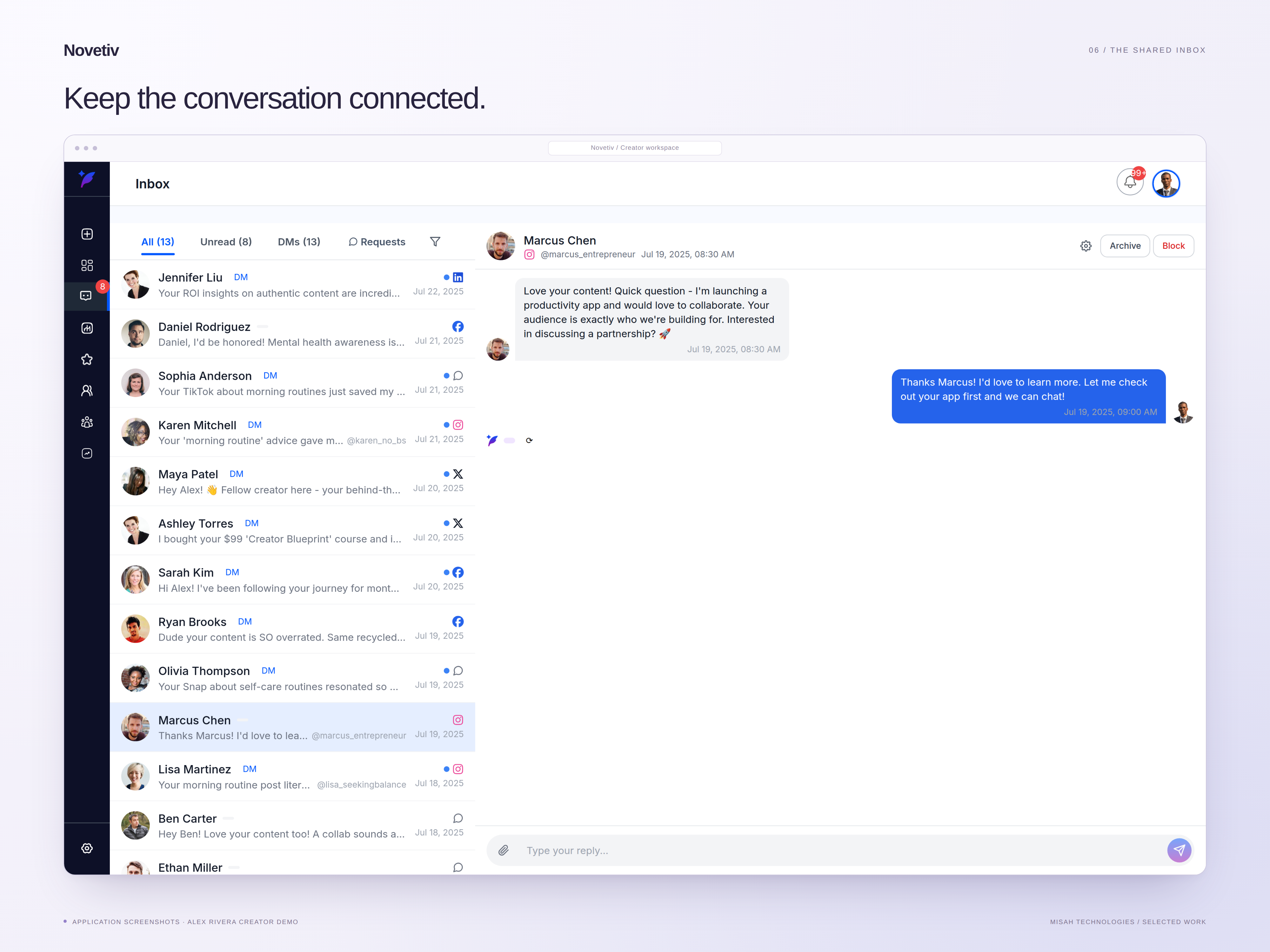 Novetiv unified inbox with Alex Rivera demo conversations and a selected sample community message thread.