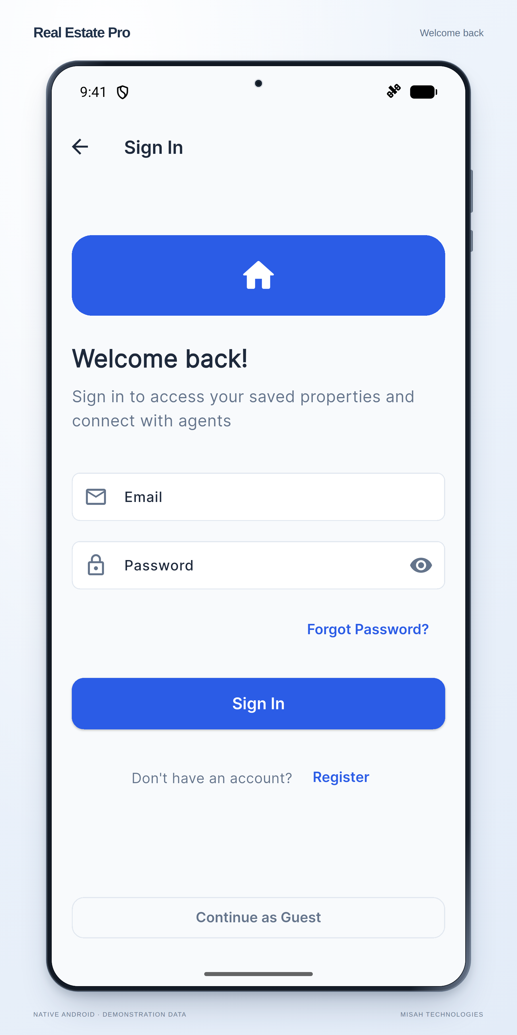 Real Estate Pro native Android sign-in form with email, password, account creation, and guest-access options.