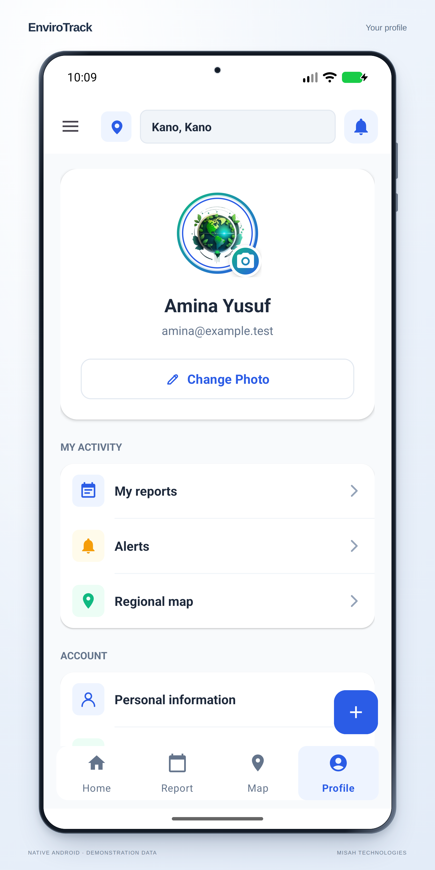EnviroTrack profile for the fictional Amina Yusuf demonstration user, with account and activity shortcuts.