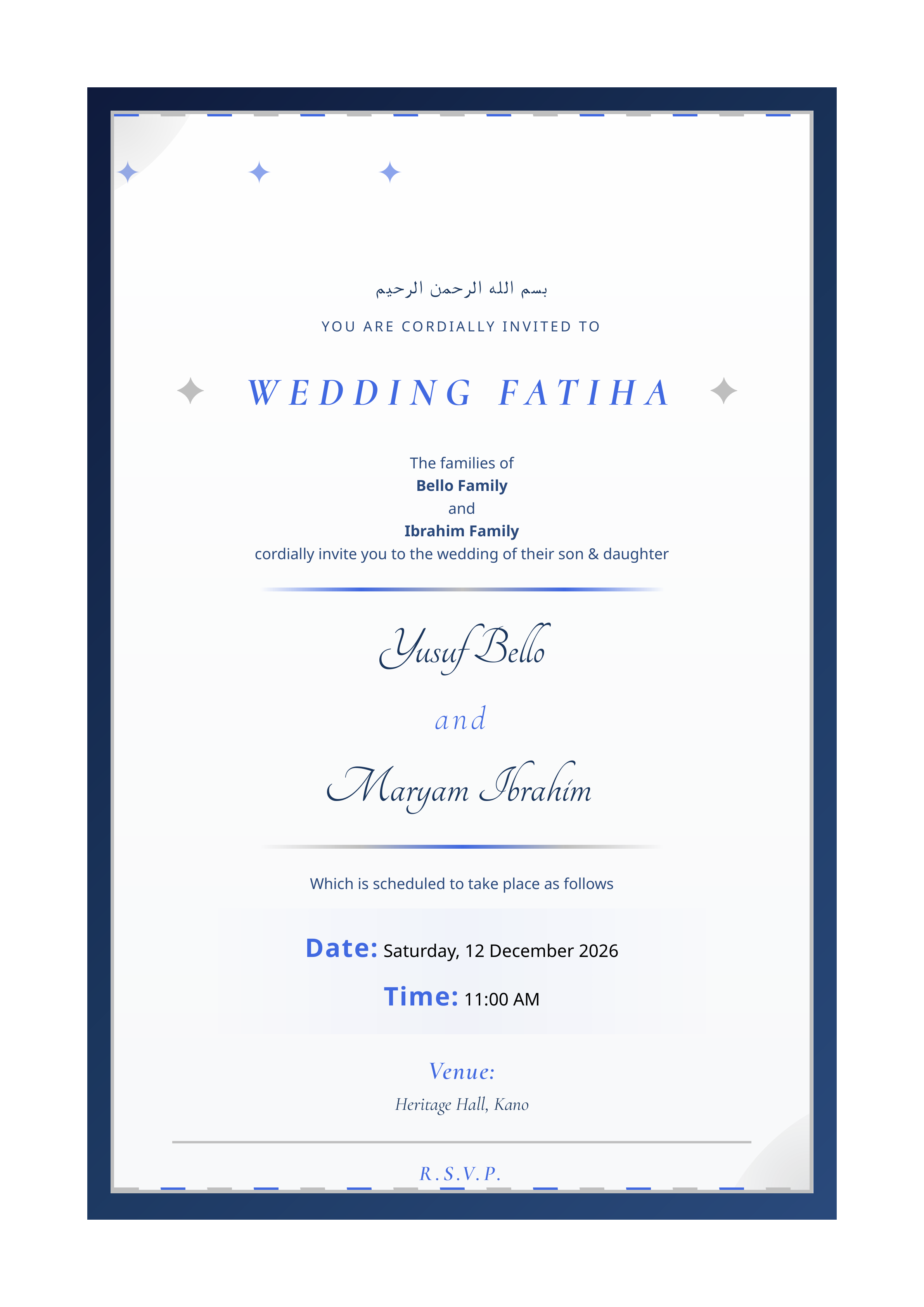 The locally rendered Sapphire Dreams wedding invitation for fictional Yusuf Bello and Maryam Ibrahim.