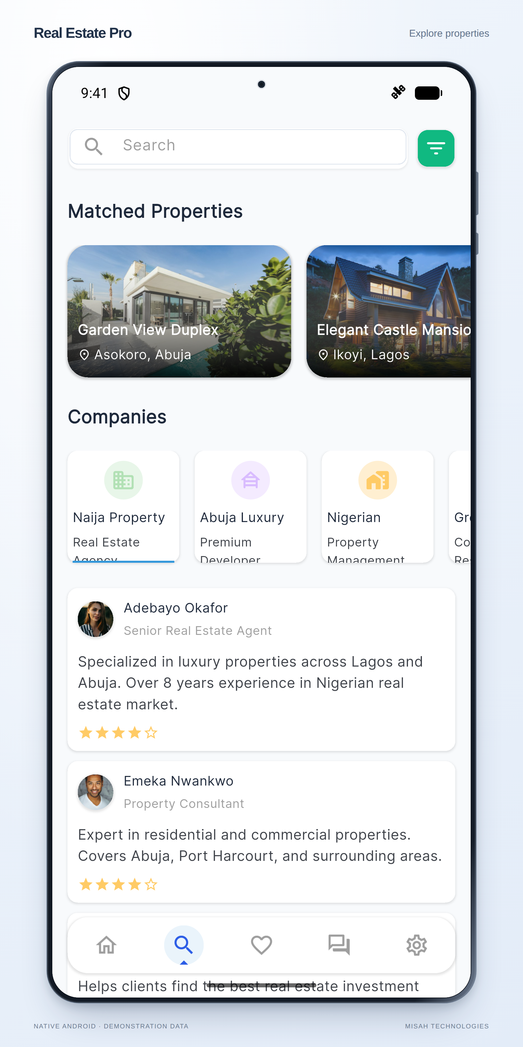 Real Estate Pro native Android Explore screen showing sample property recommendations and real-estate company cards.