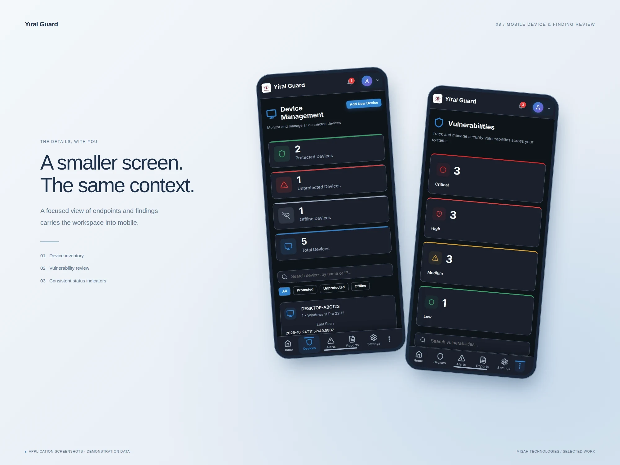 Two phone frames showing the Yiral Guard device and vulnerability interfaces running with demonstration data.