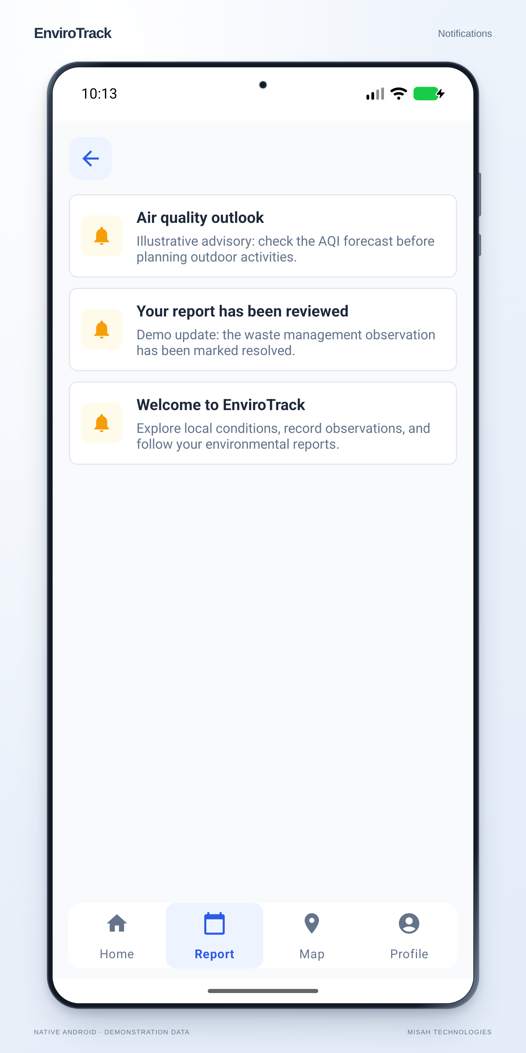 EnviroTrack notification list containing three illustrative local notices.