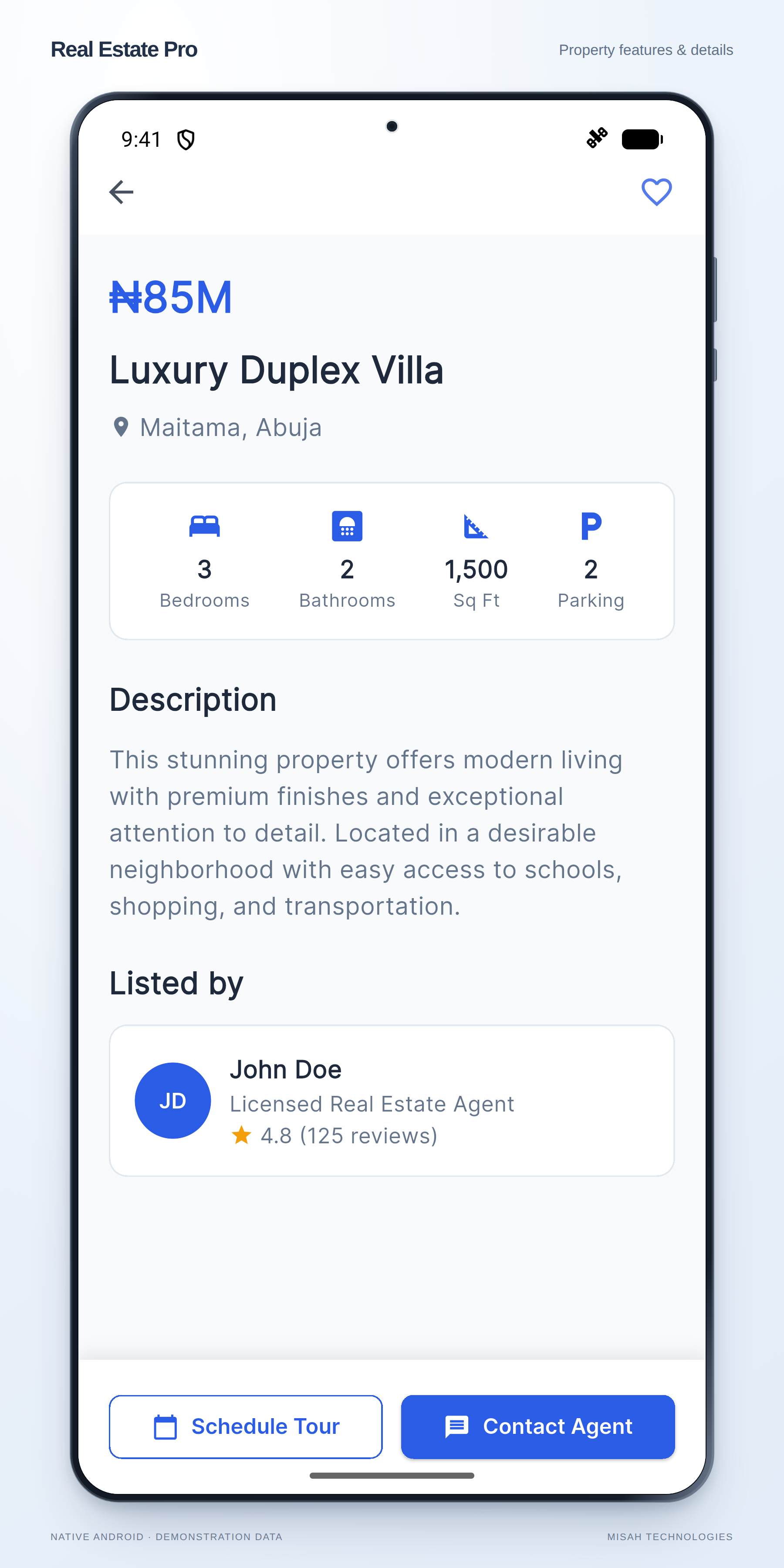 Real Estate Pro native Android property detail continuation with a description and illustrative listing-agent information.