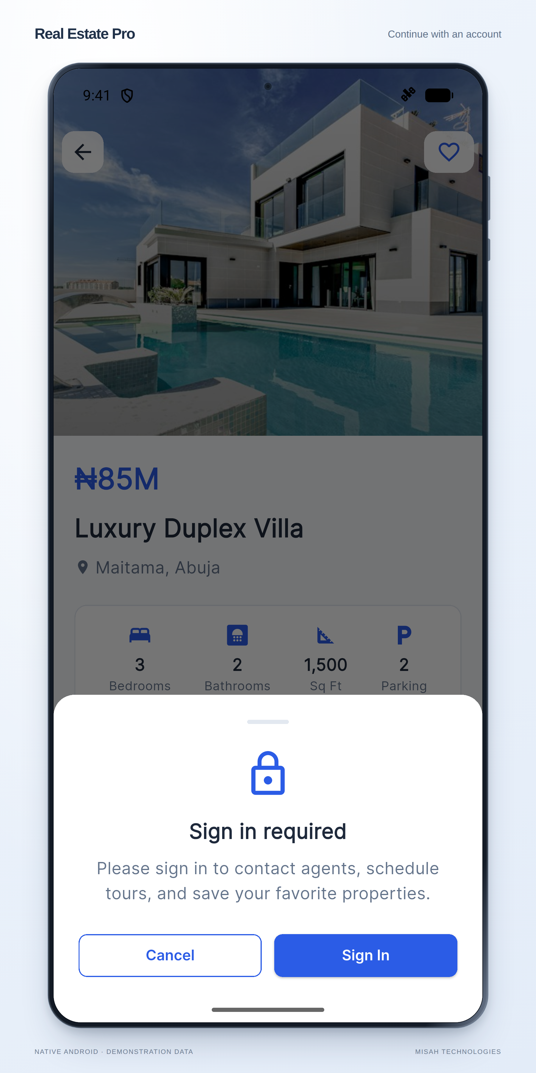 Real Estate Pro native Android sign-in prompt displayed to a guest from a property action.
