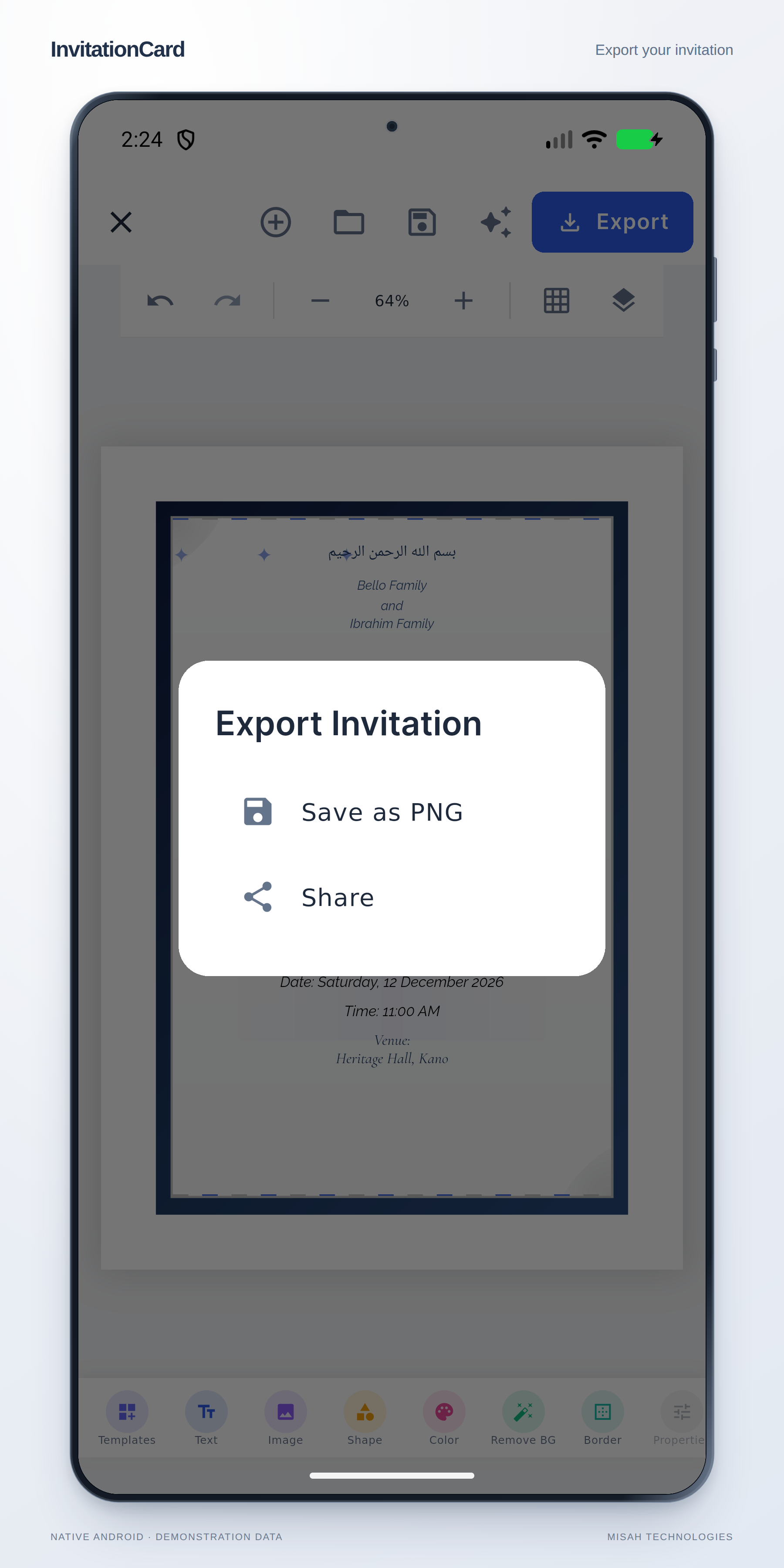 InvitationCard native PNG export dialog for the Sapphire wedding invitation.