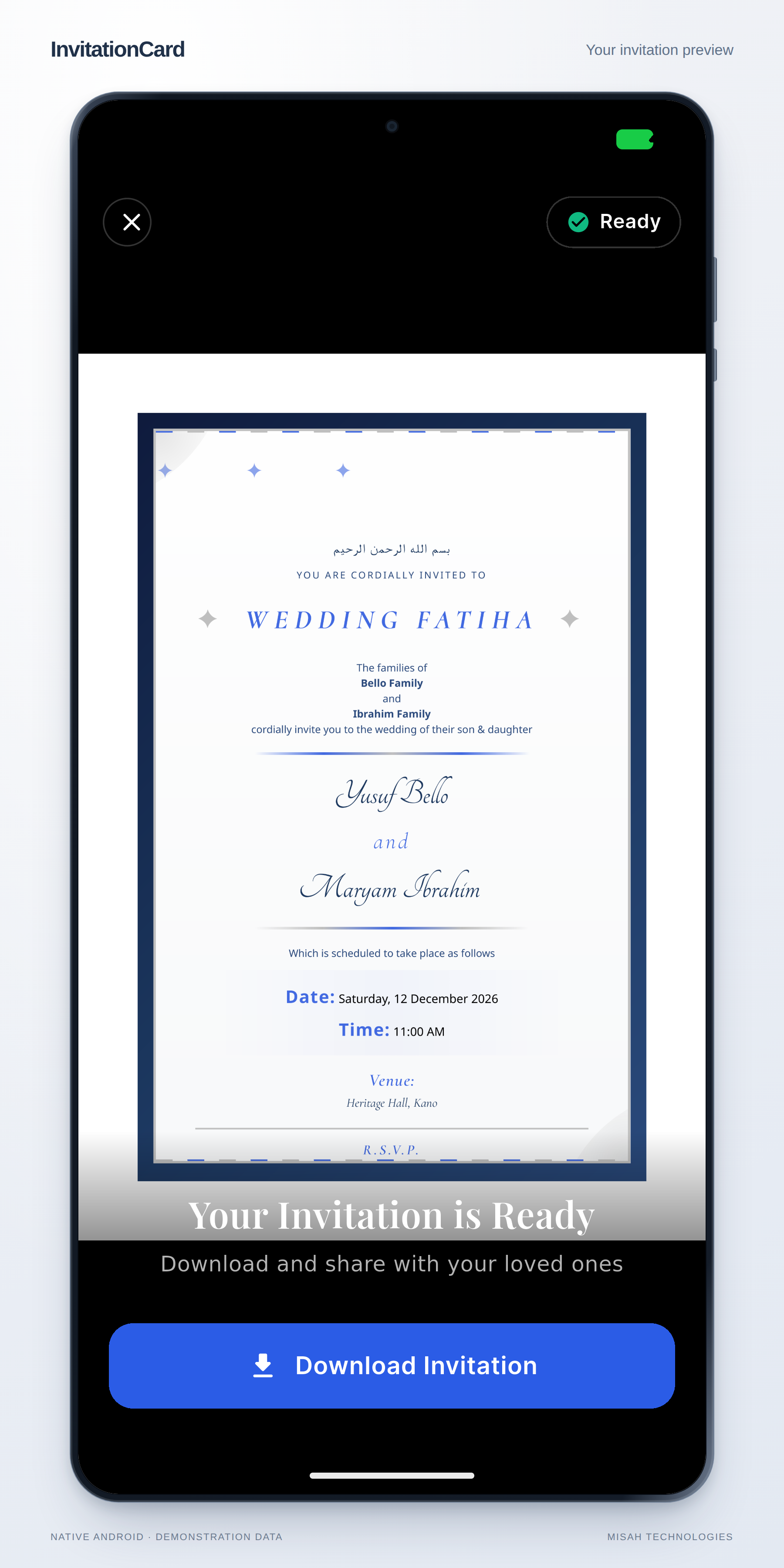 InvitationCard native preview displaying the Sapphire wedding invitation for fictional Yusuf Bello and Maryam Ibrahim.