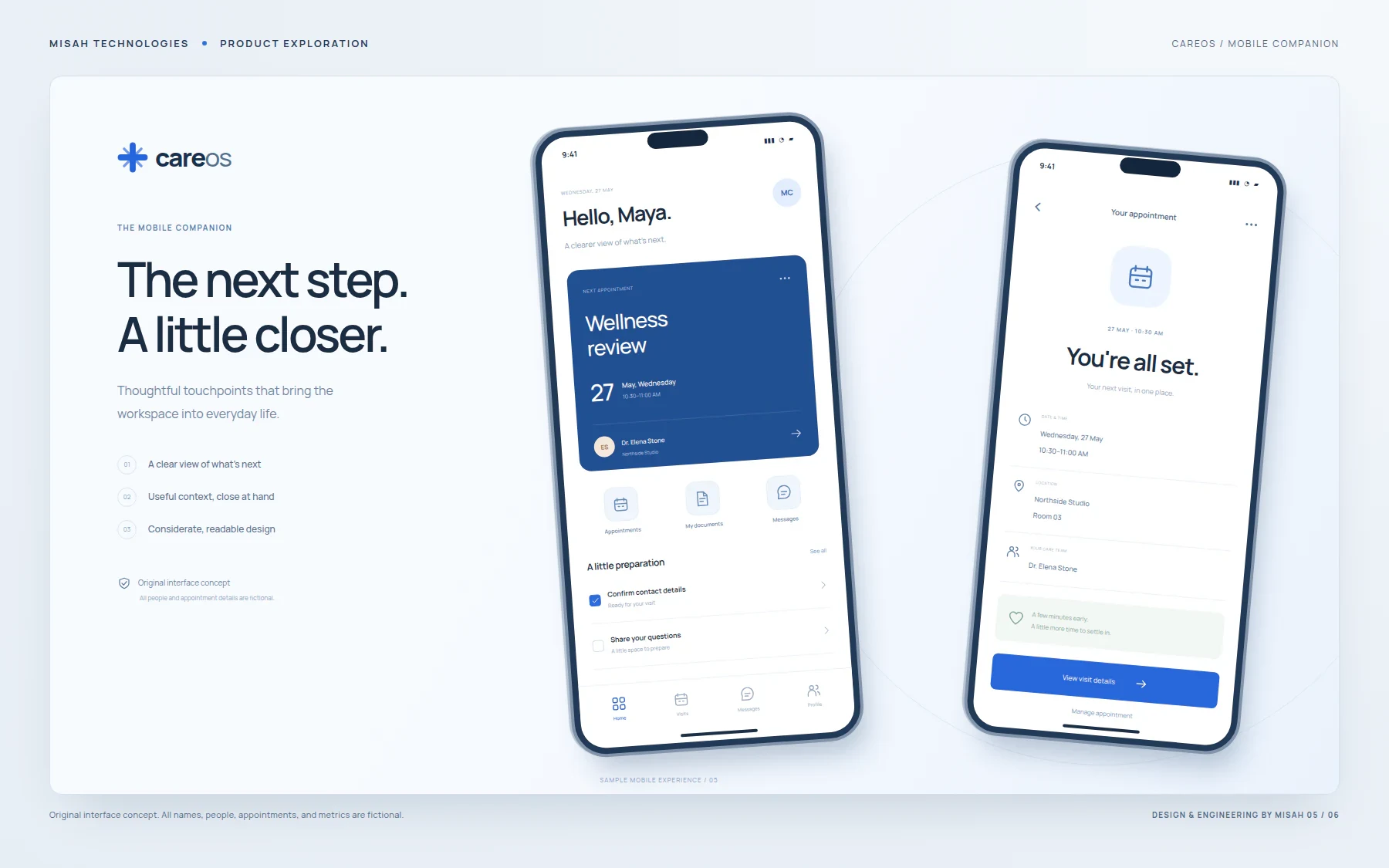 Two CareOS mobile interface concept screens showing a fictional person's next appointment, preparation tasks, and visit details.