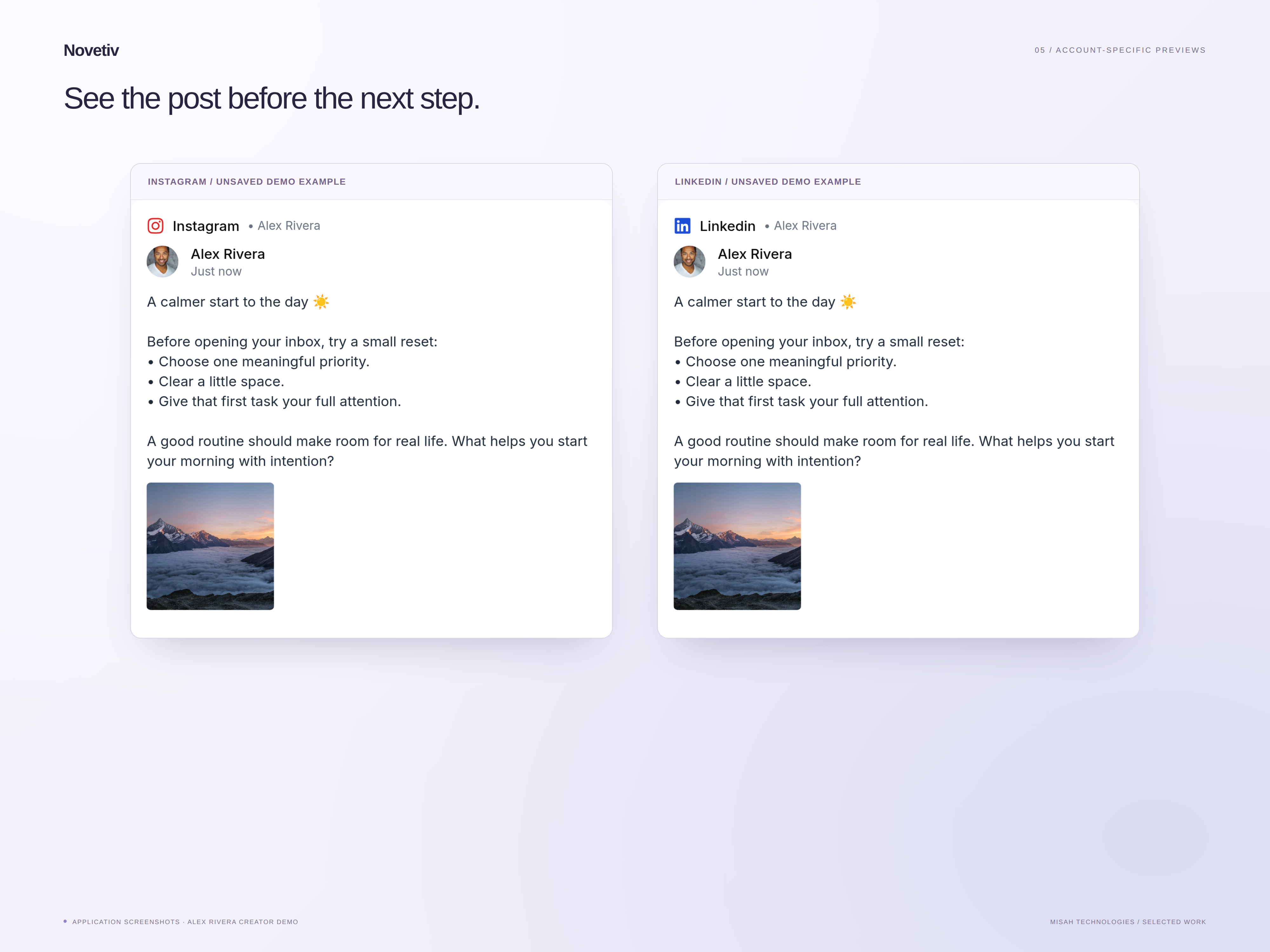 Novetiv post preview showing how an unsaved productivity example appears for selected Alex Rivera demo accounts.