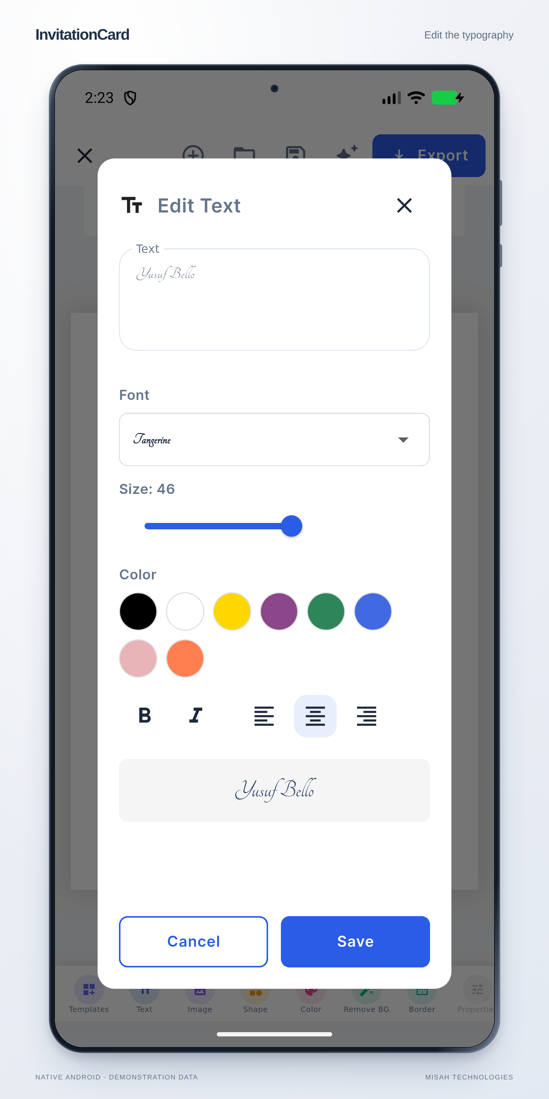 InvitationCard typography controls for an editable Sapphire invitation text element.