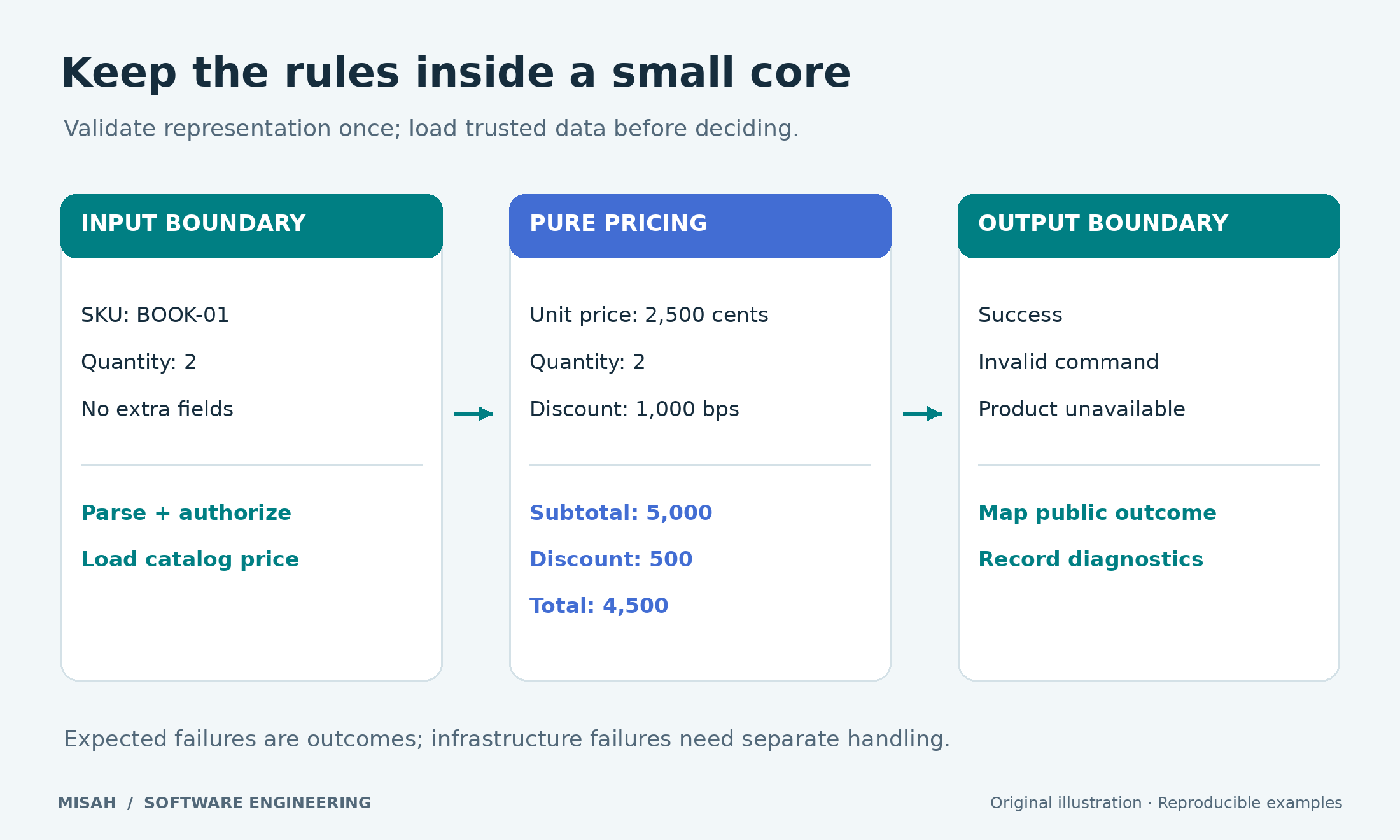 Outside input enters a parser, validated SKU and quantity enter a pure pricing function, and a response adapter maps explicit outcomes to the interface.