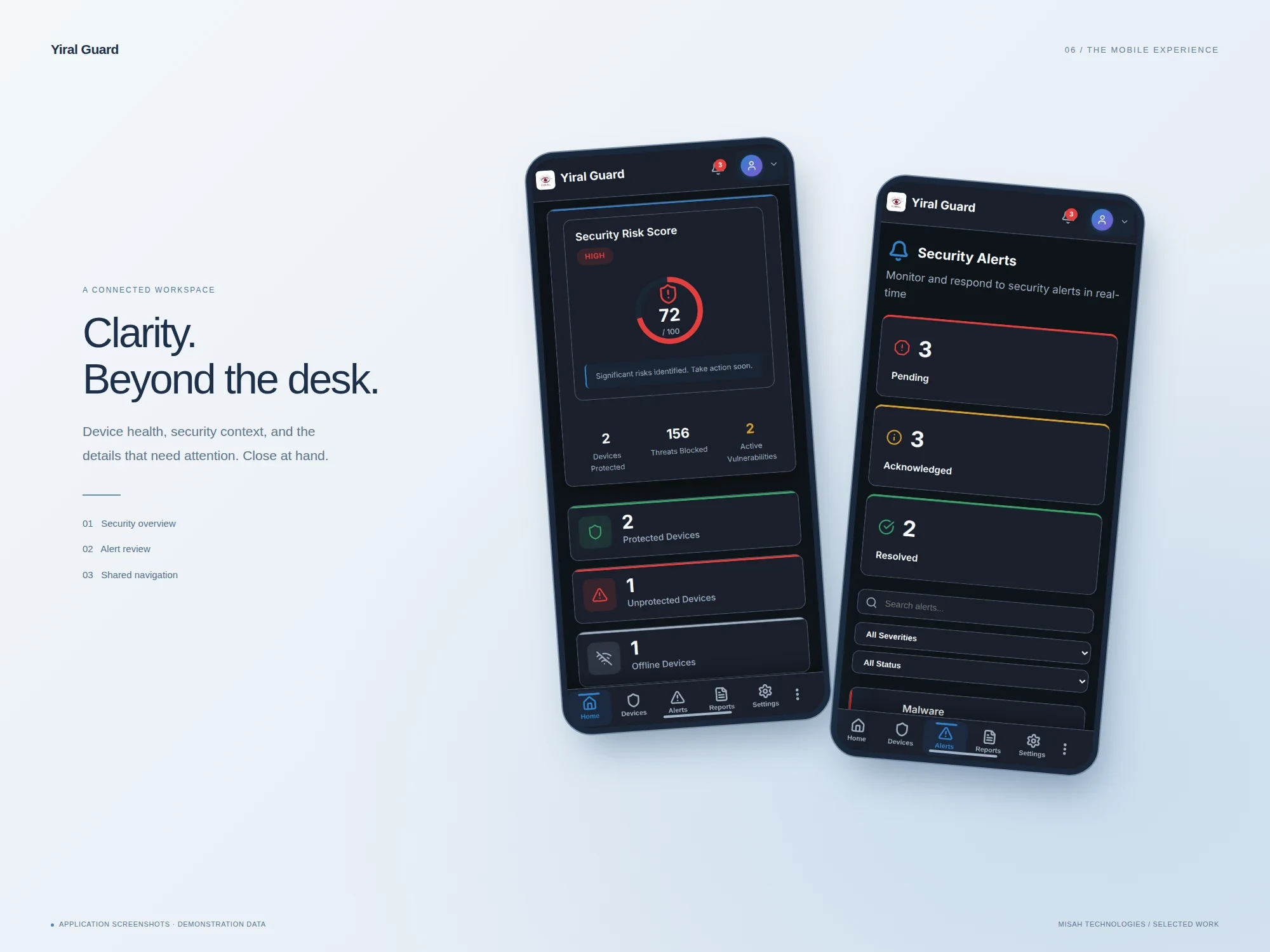 Two phone frames showing the real Yiral Guard mobile dashboard and alerts interfaces with demonstration data.