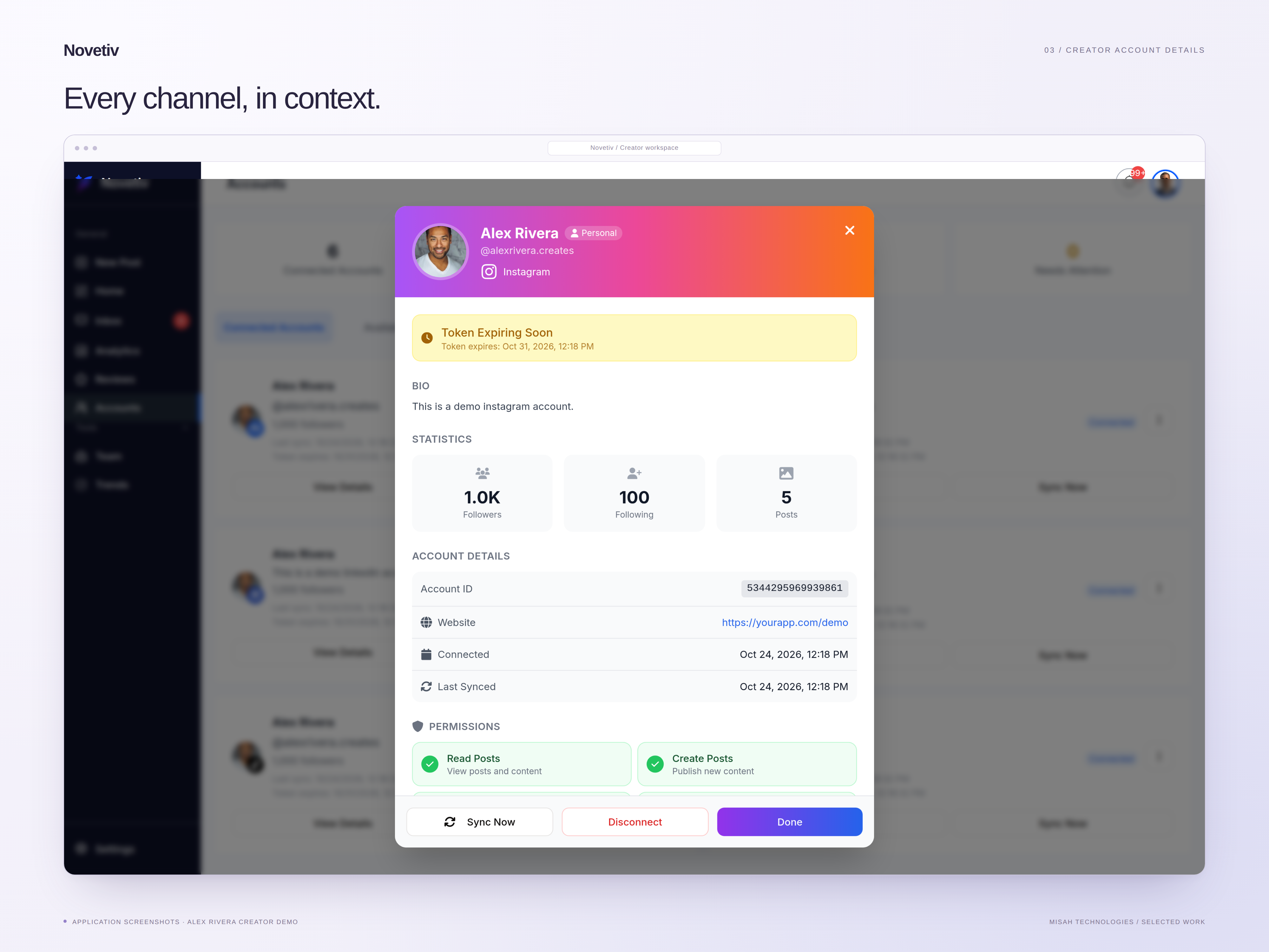 Novetiv account details showing the Alex Rivera Instagram demo profile, connection information, and account permissions.