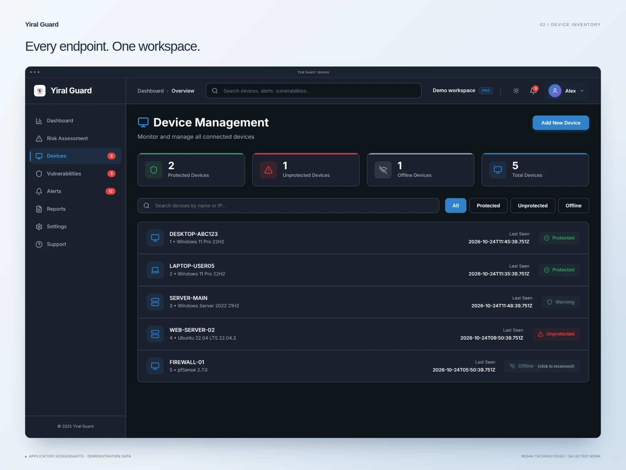 Yiral Guard device inventory with demonstration computers and servers, status filters, and operating-system details.