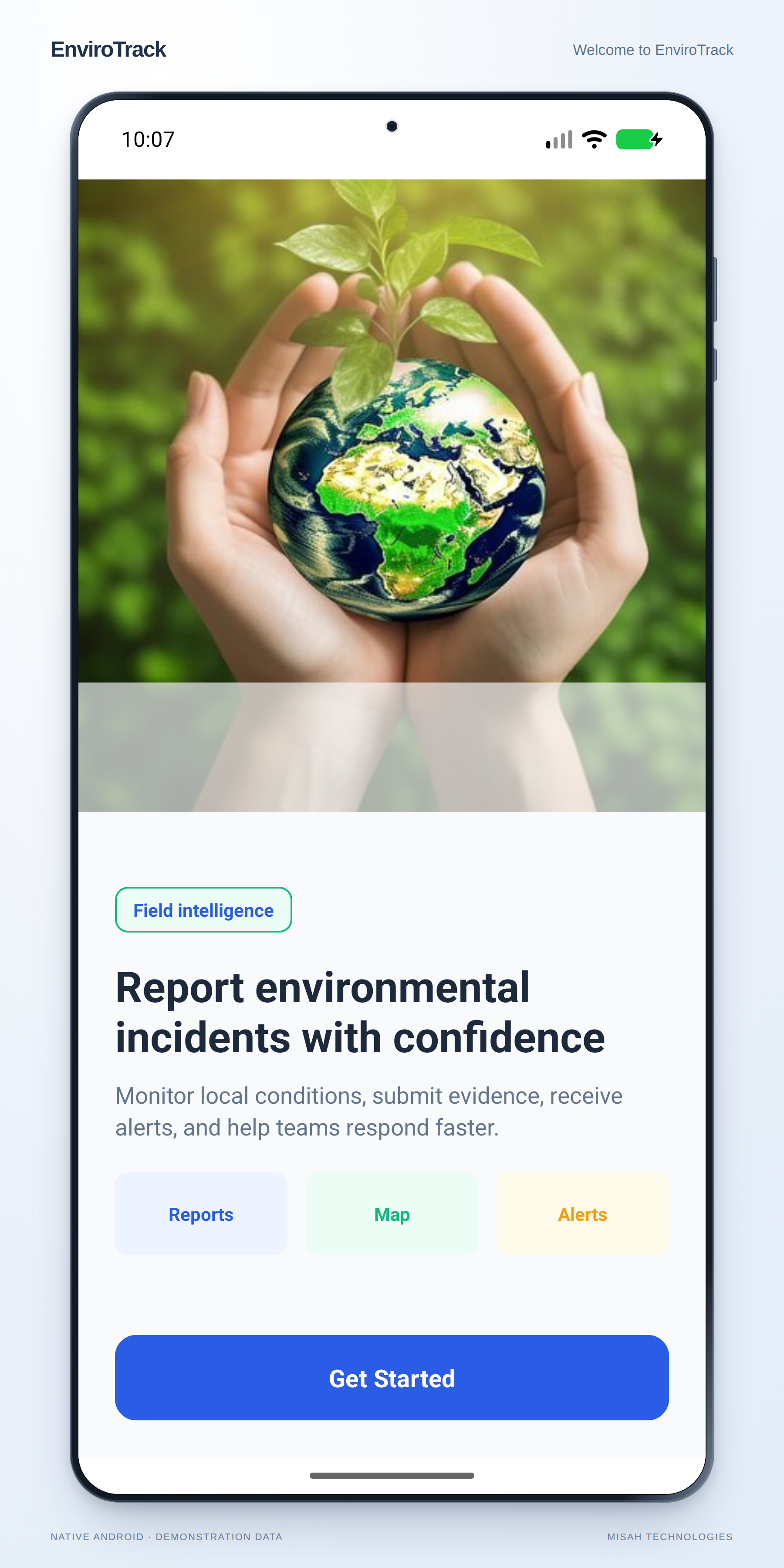 EnviroTrack introduction screen with its environmental illustration and Get Started action.
