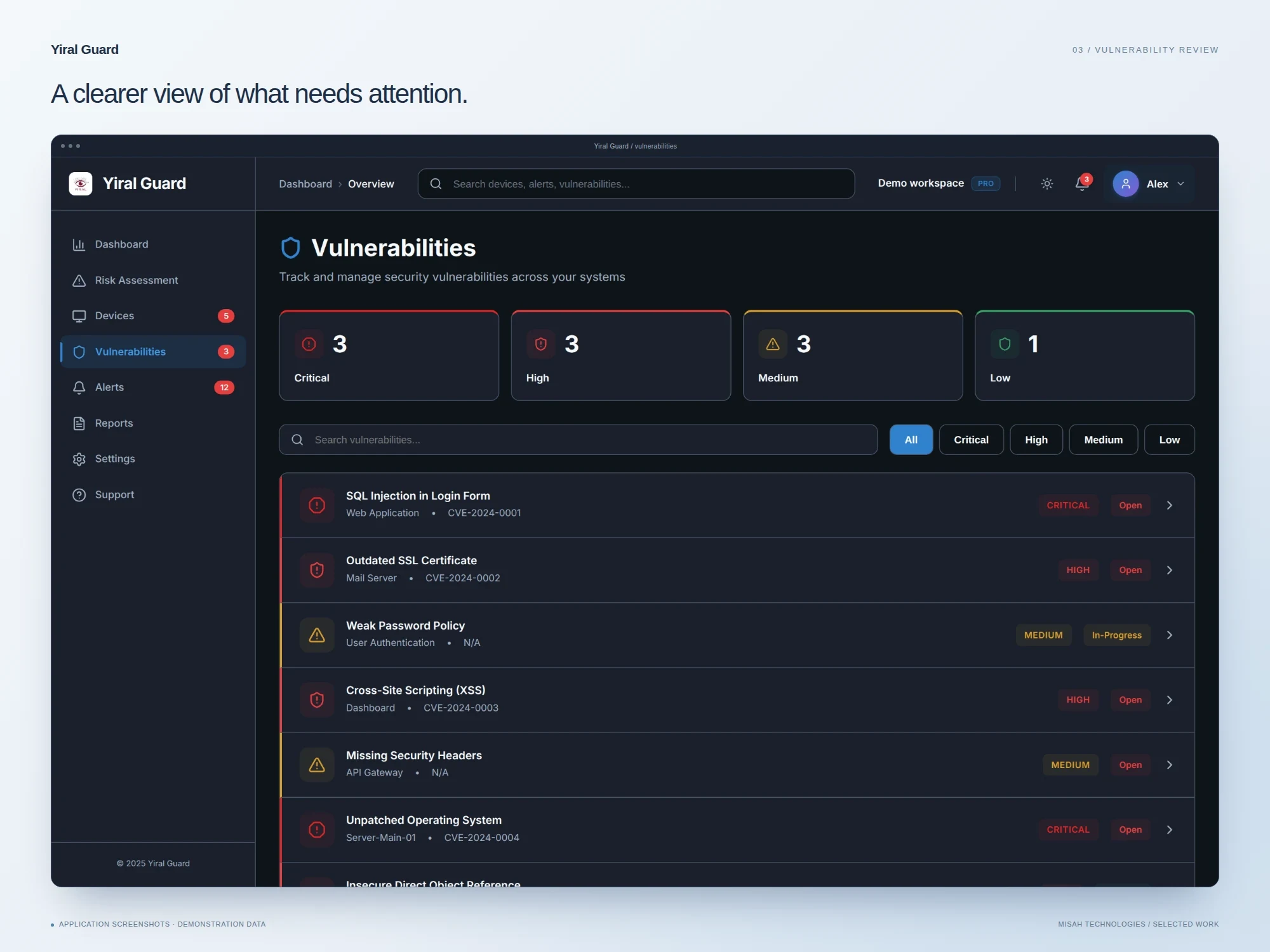 Yiral Guard vulnerability review screen with demonstration findings grouped by severity and affected systems.