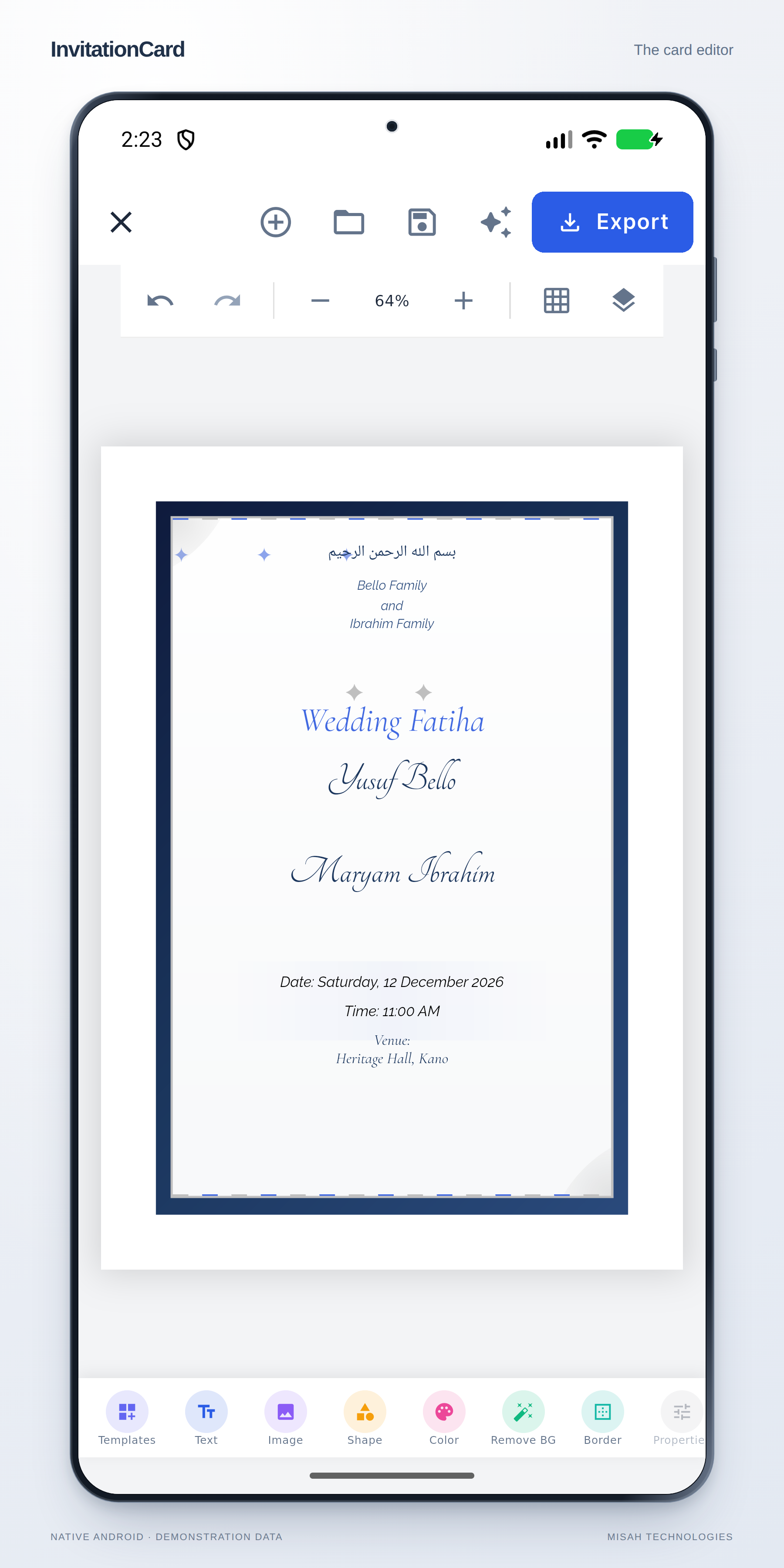 InvitationCard native canvas editor displaying a populated Sapphire Dreams invitation.