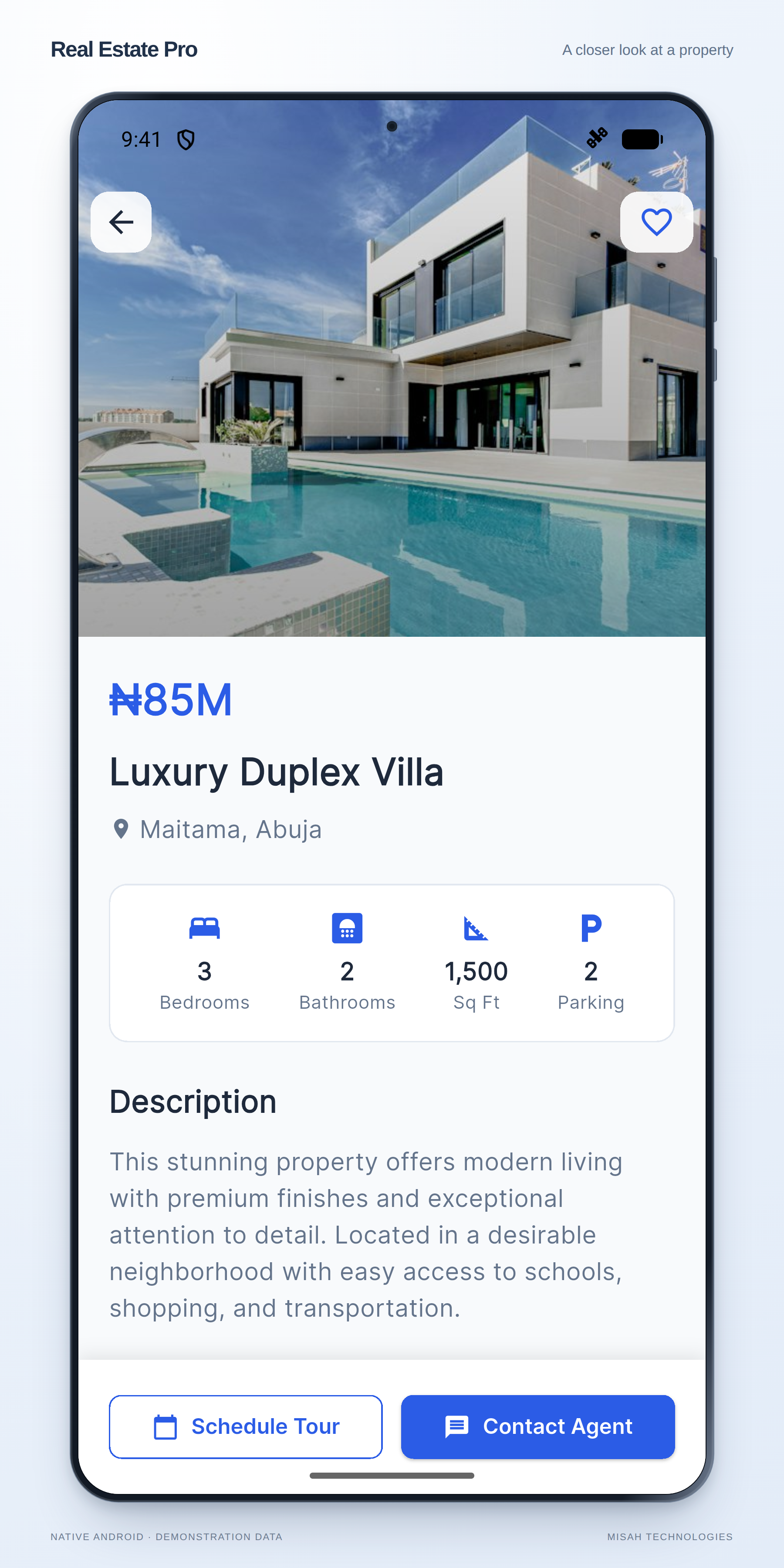 Real Estate Pro native Android property detail screen with a sample listing image, price, location, and feature summary.