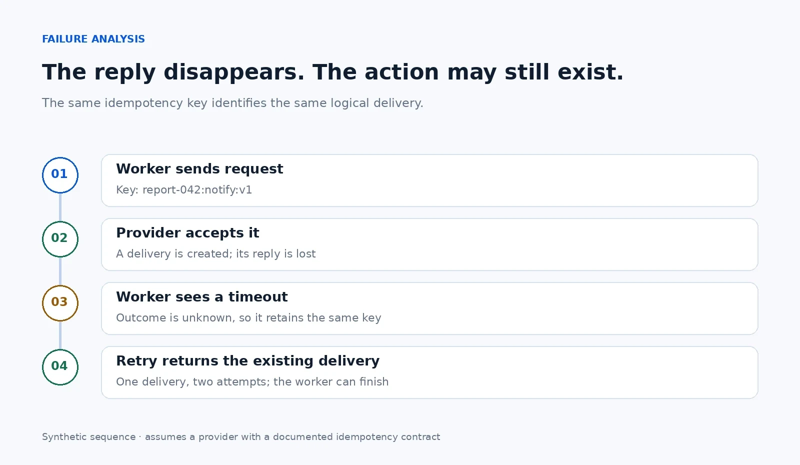 Four-step failure timeline: worker sends a stable key, provider accepts but its reply is lost, worker times out, and a retry with the same key returns the existing delivery.