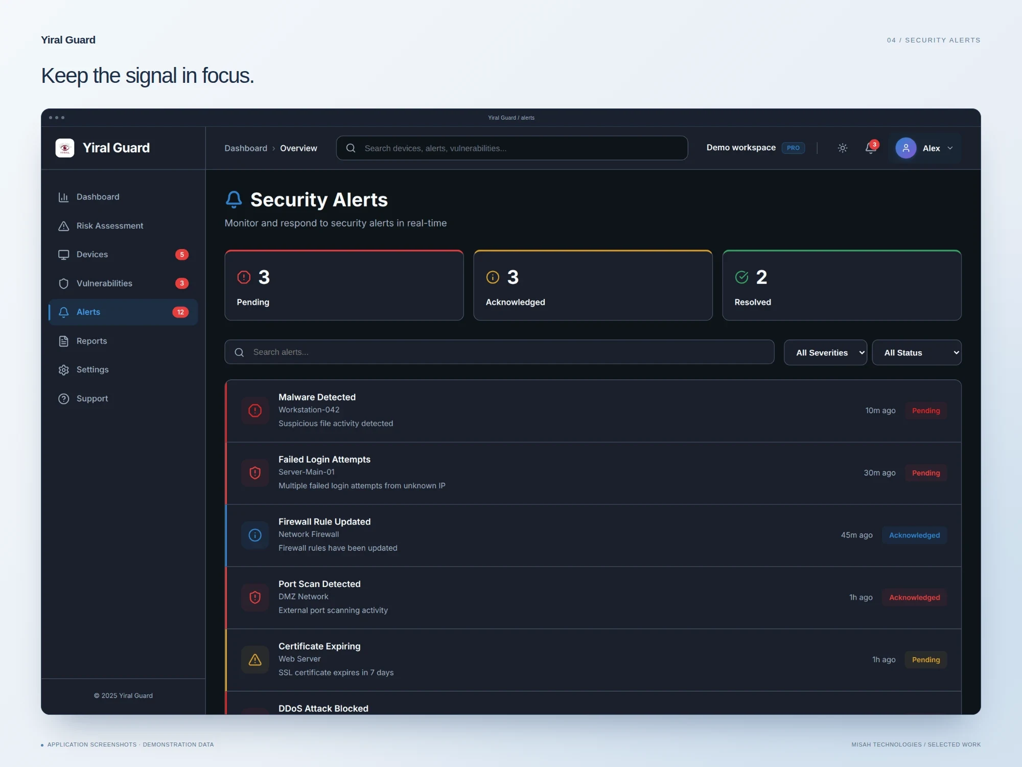 Yiral Guard security alerts screen with demonstration events, status summaries, search, and severity filters.