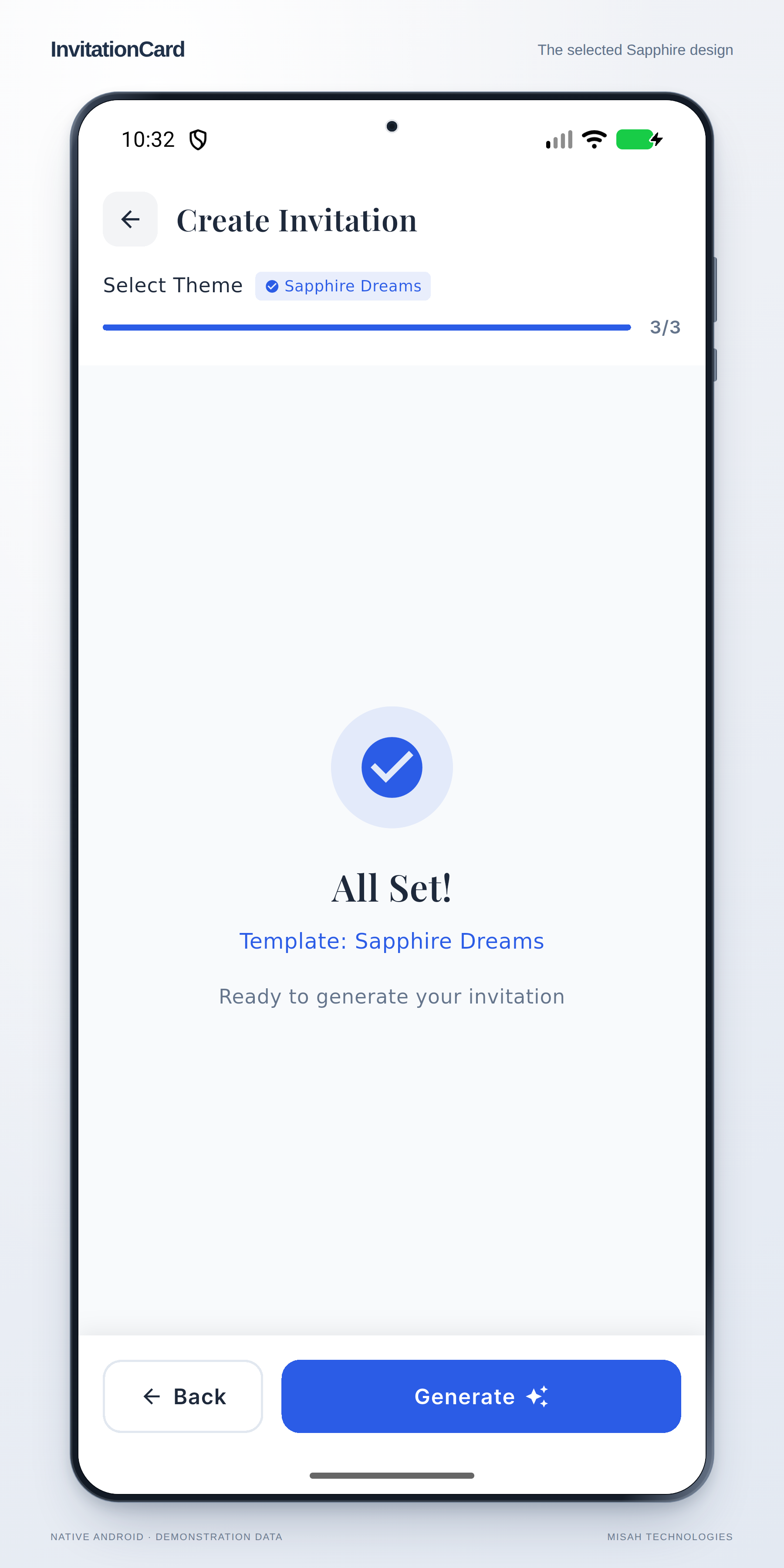 InvitationCard configuration screen with the Sapphire Dreams template selected.