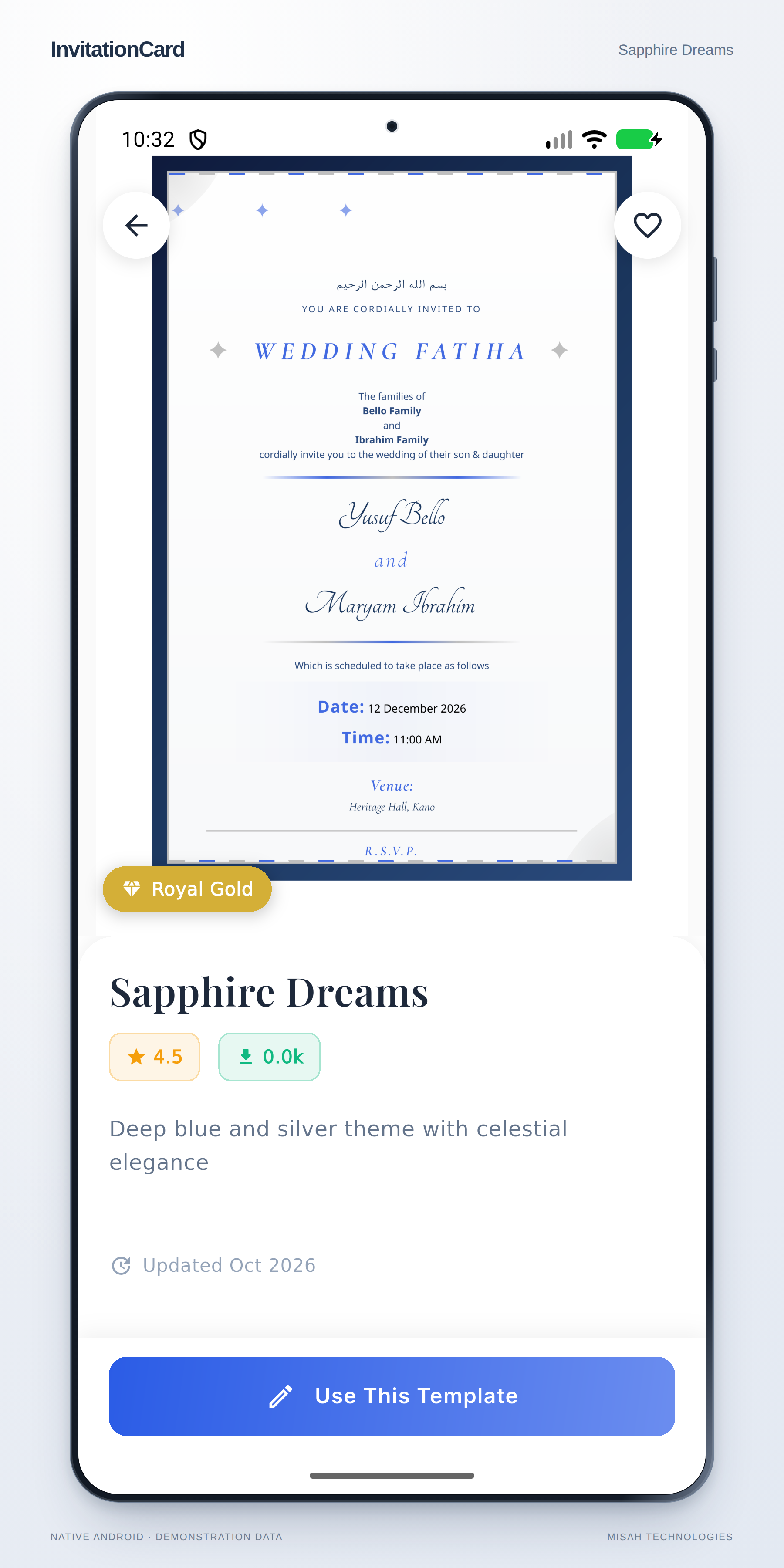 InvitationCard Sapphire Dreams template detail screen showing its blue invitation design.