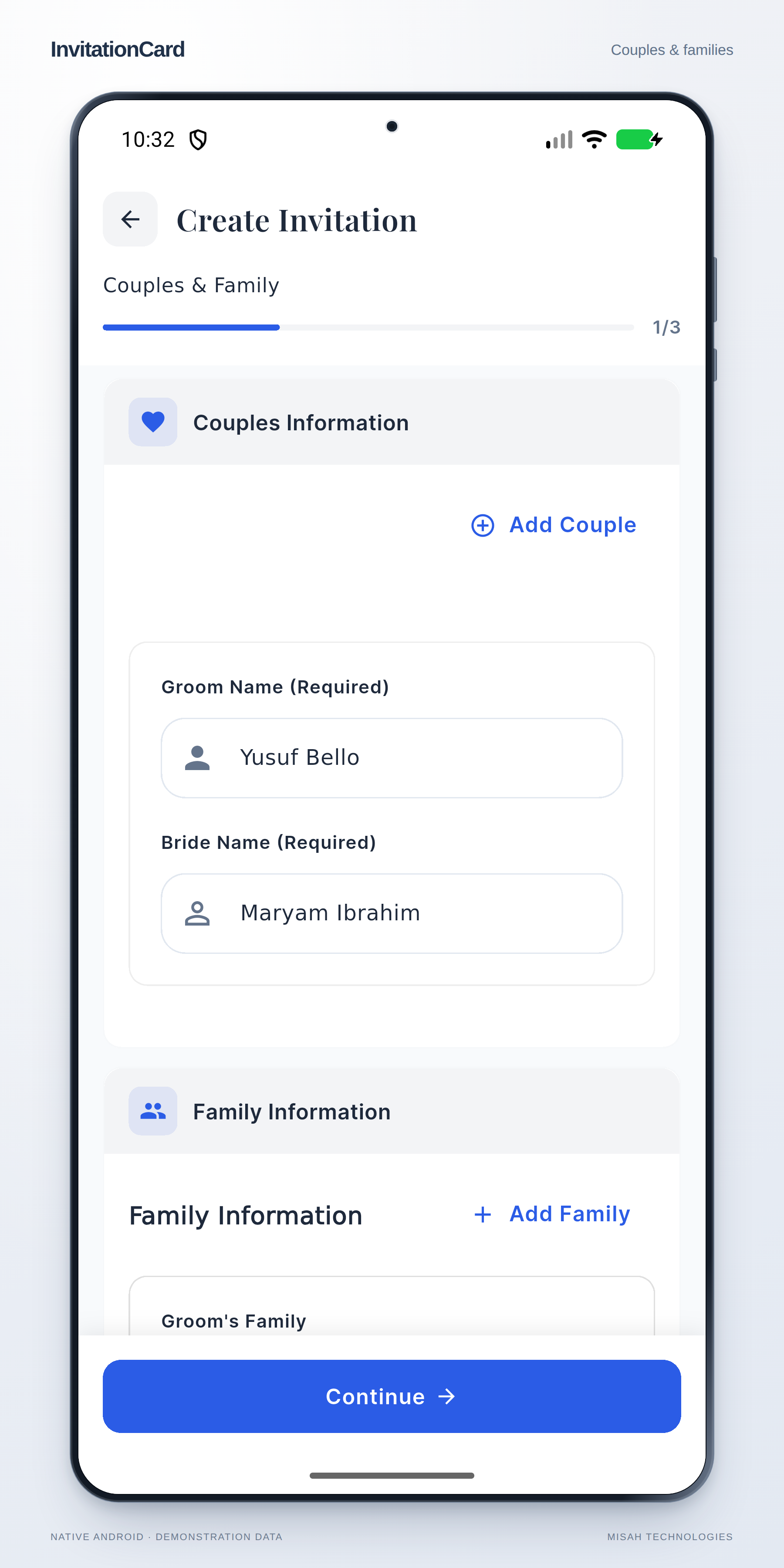 InvitationCard couple and family form populated with fictional Yusuf Bello and Maryam Ibrahim details.