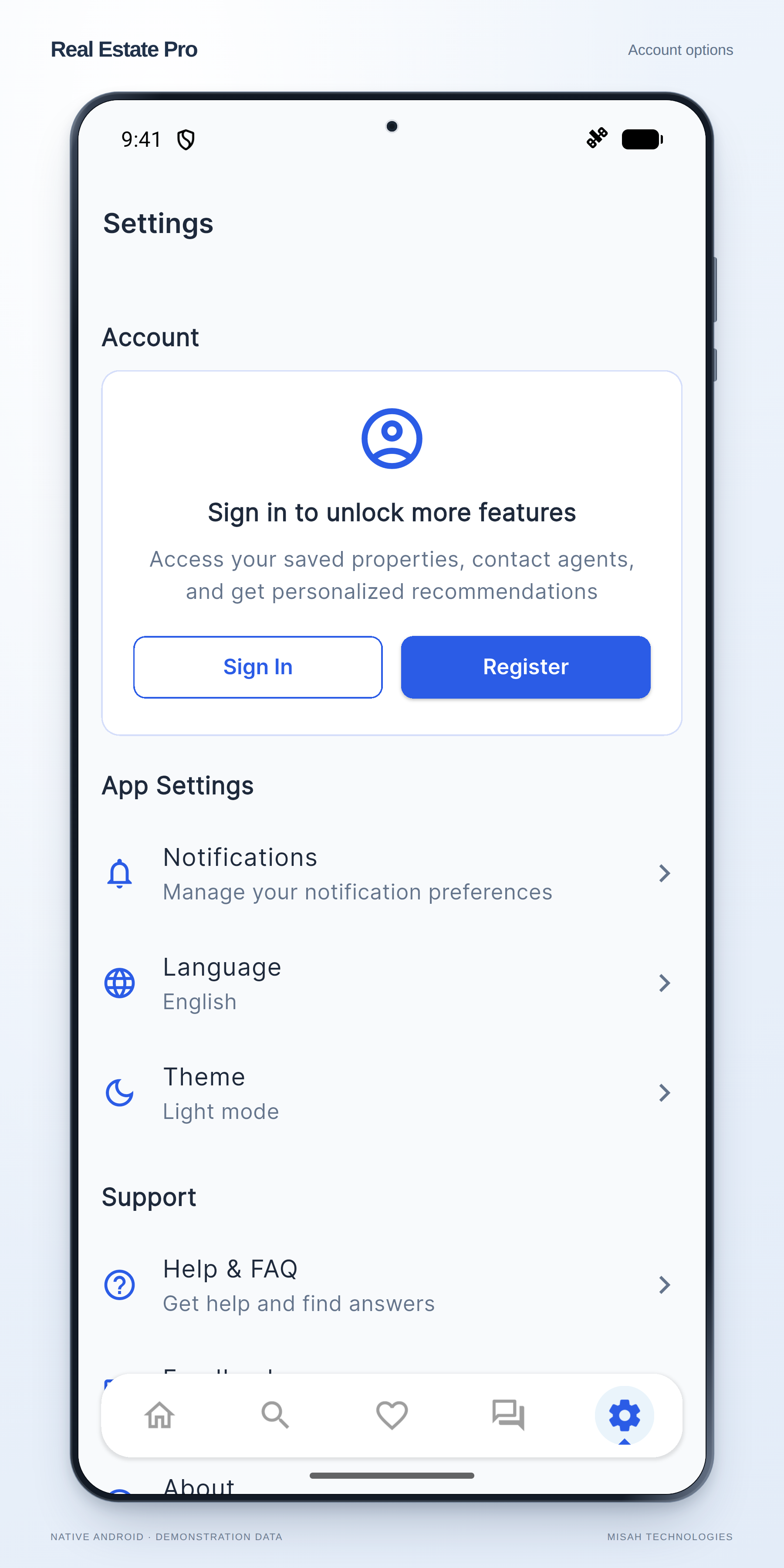 Real Estate Pro native Android settings page showing the guest account section and sign-in or registration options.