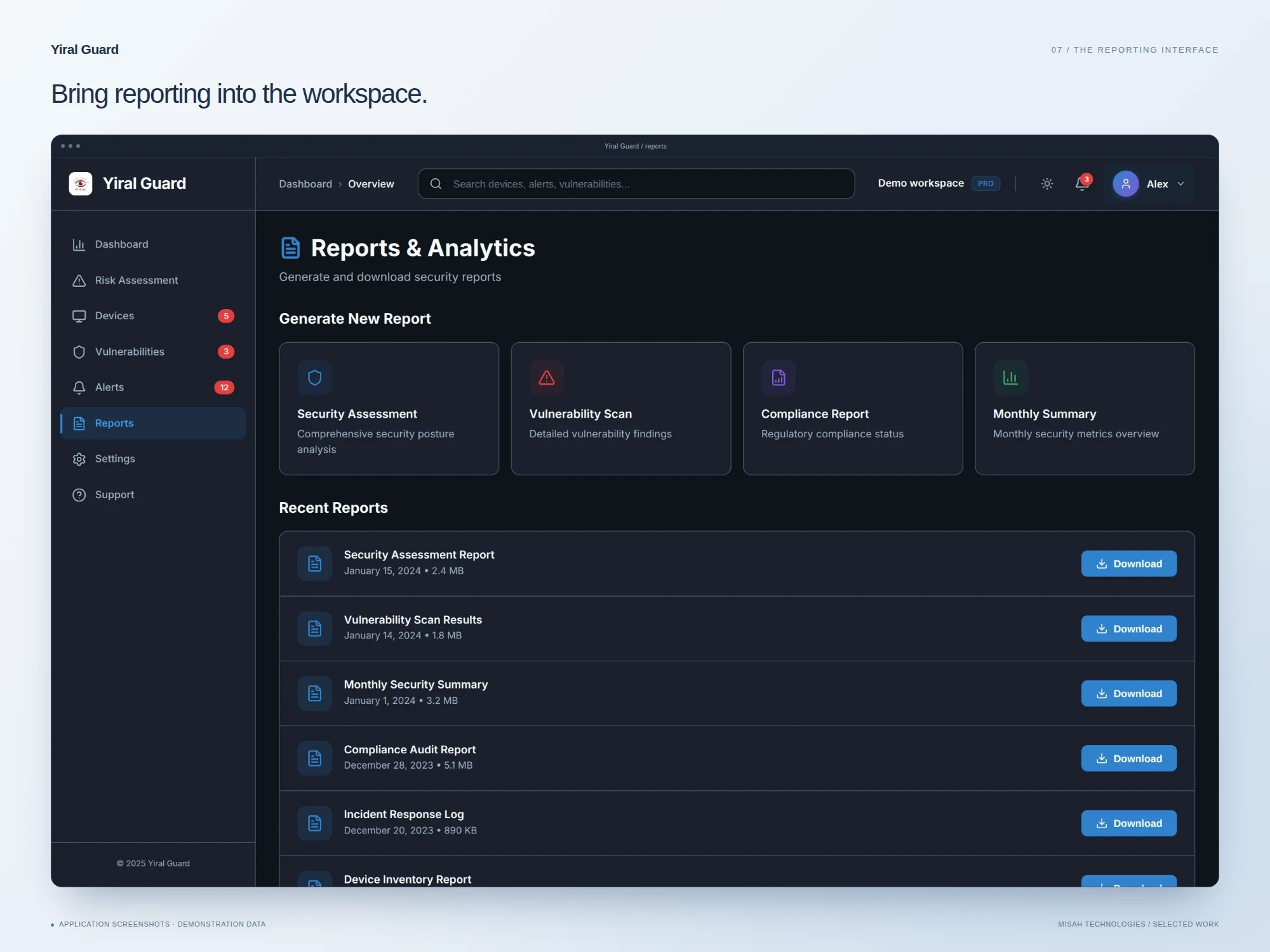Yiral Guard reports interface with illustrative report templates and a demonstration list of security reports.