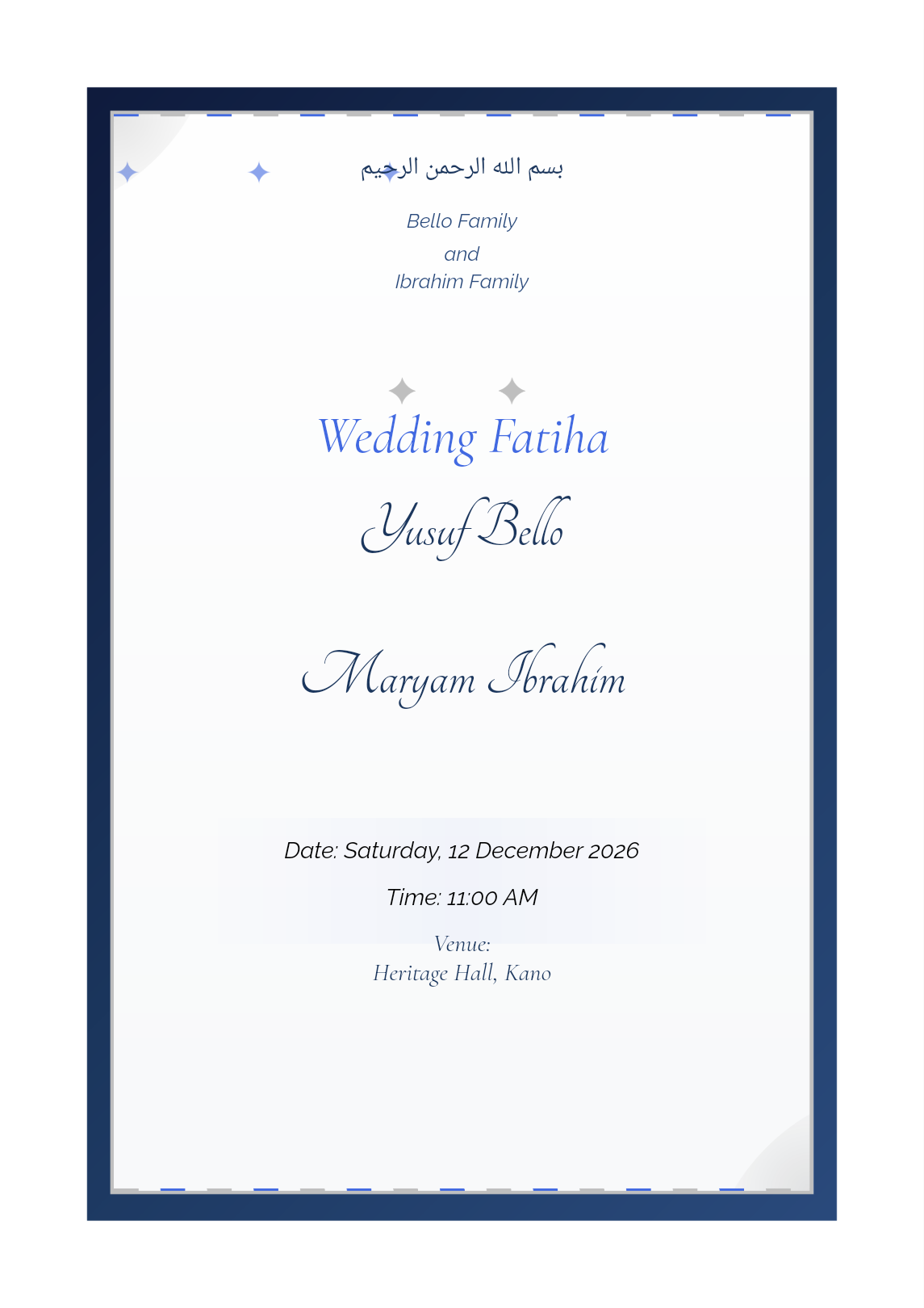 A PNG exported from the InvitationCard native Sapphire invitation editor, using fictional wedding details.