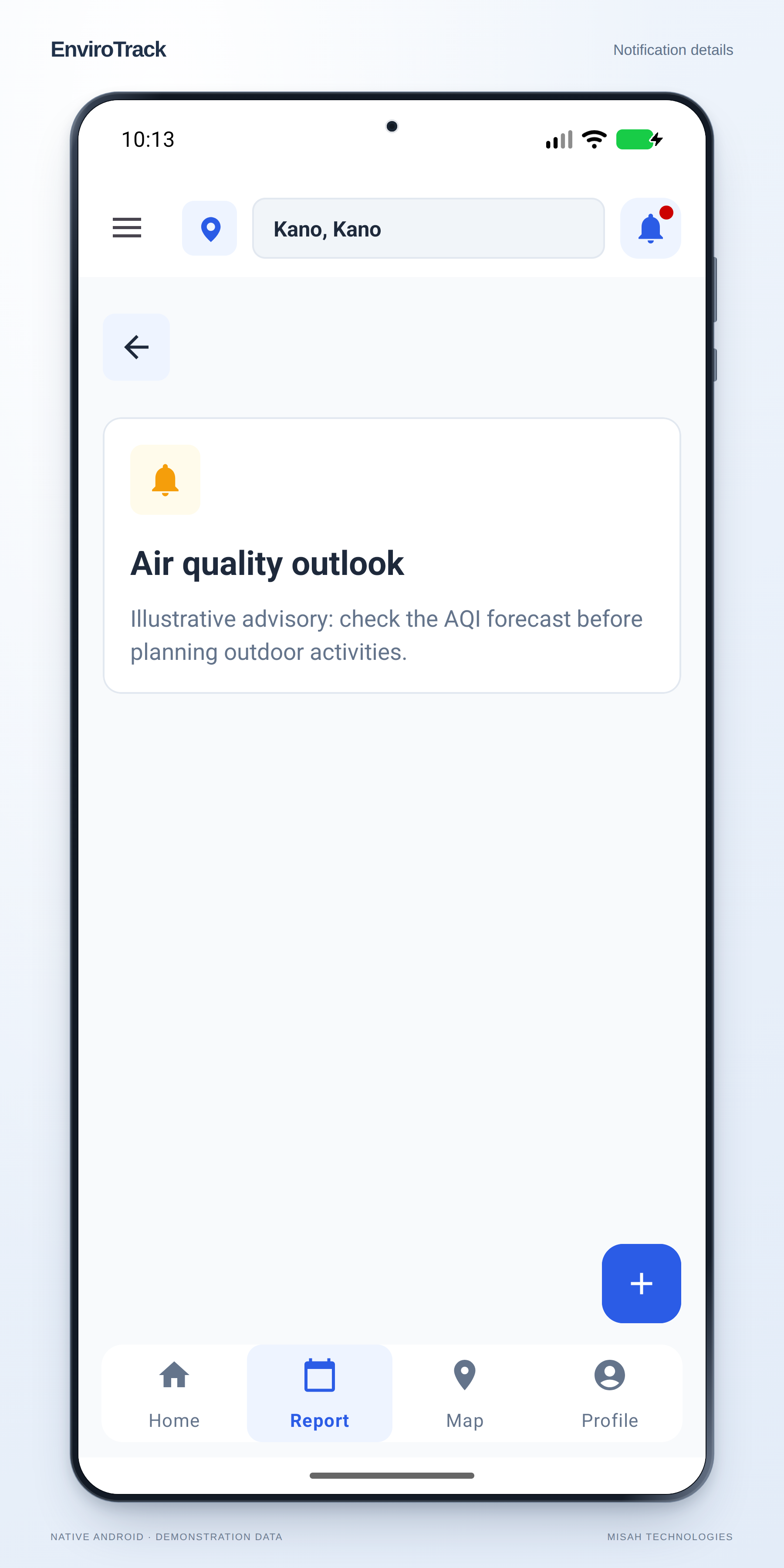EnviroTrack notification detail screen showing an illustrative air-quality outlook message.