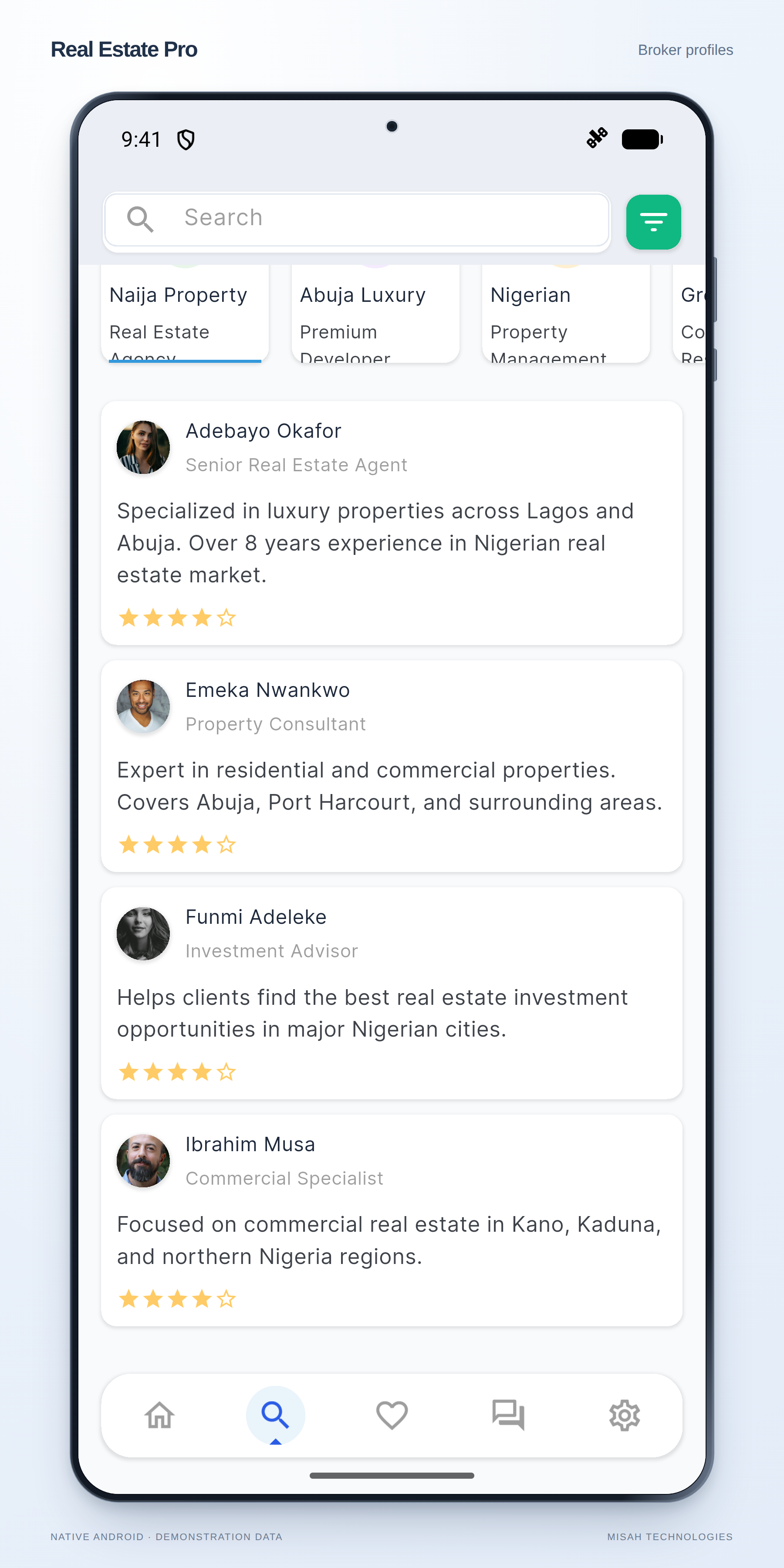 Real Estate Pro native Android Explore continuation displaying illustrative broker profiles, specialties, and ratings.