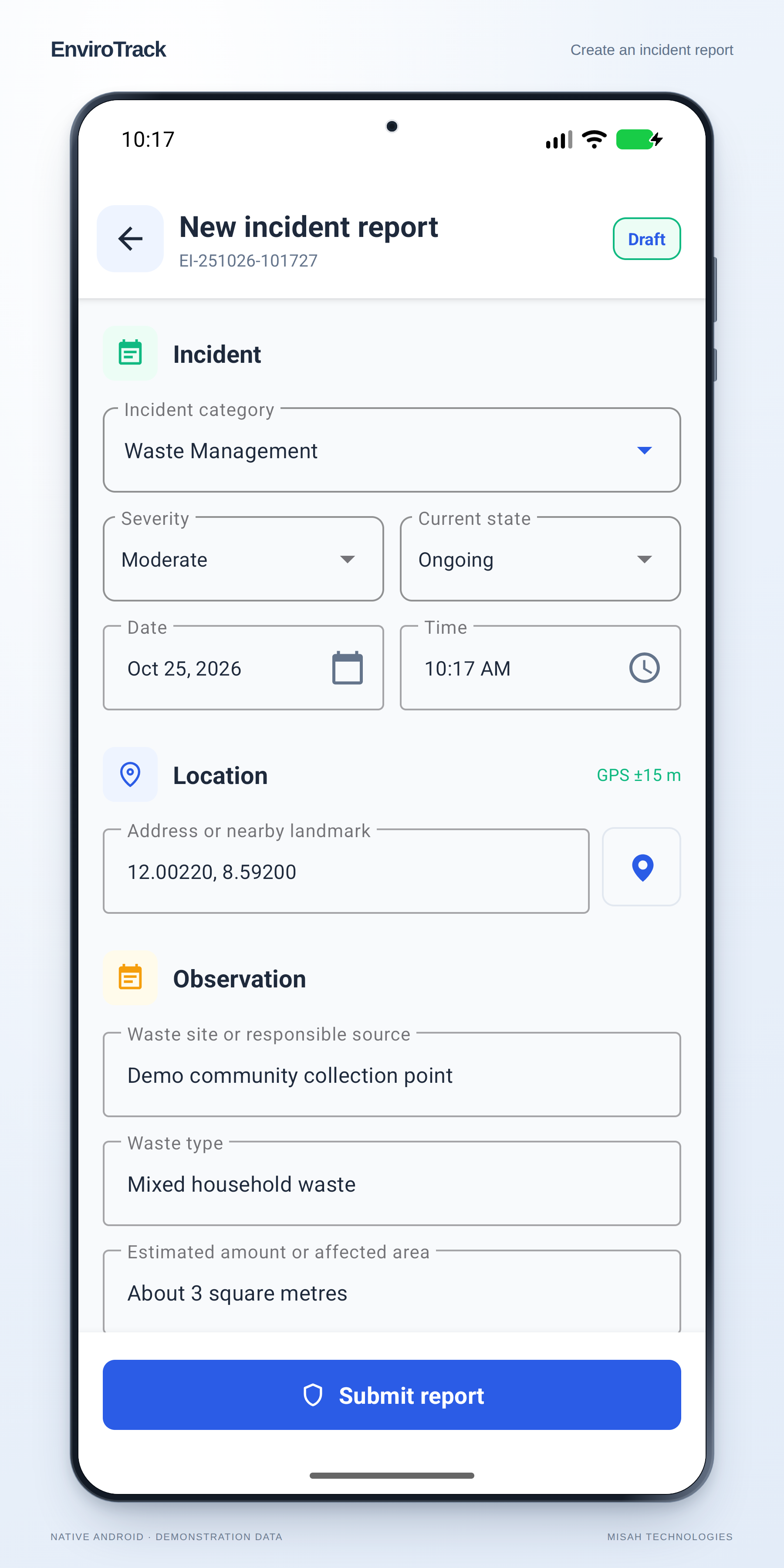 EnviroTrack environmental incident form populated with fictional demonstration information.